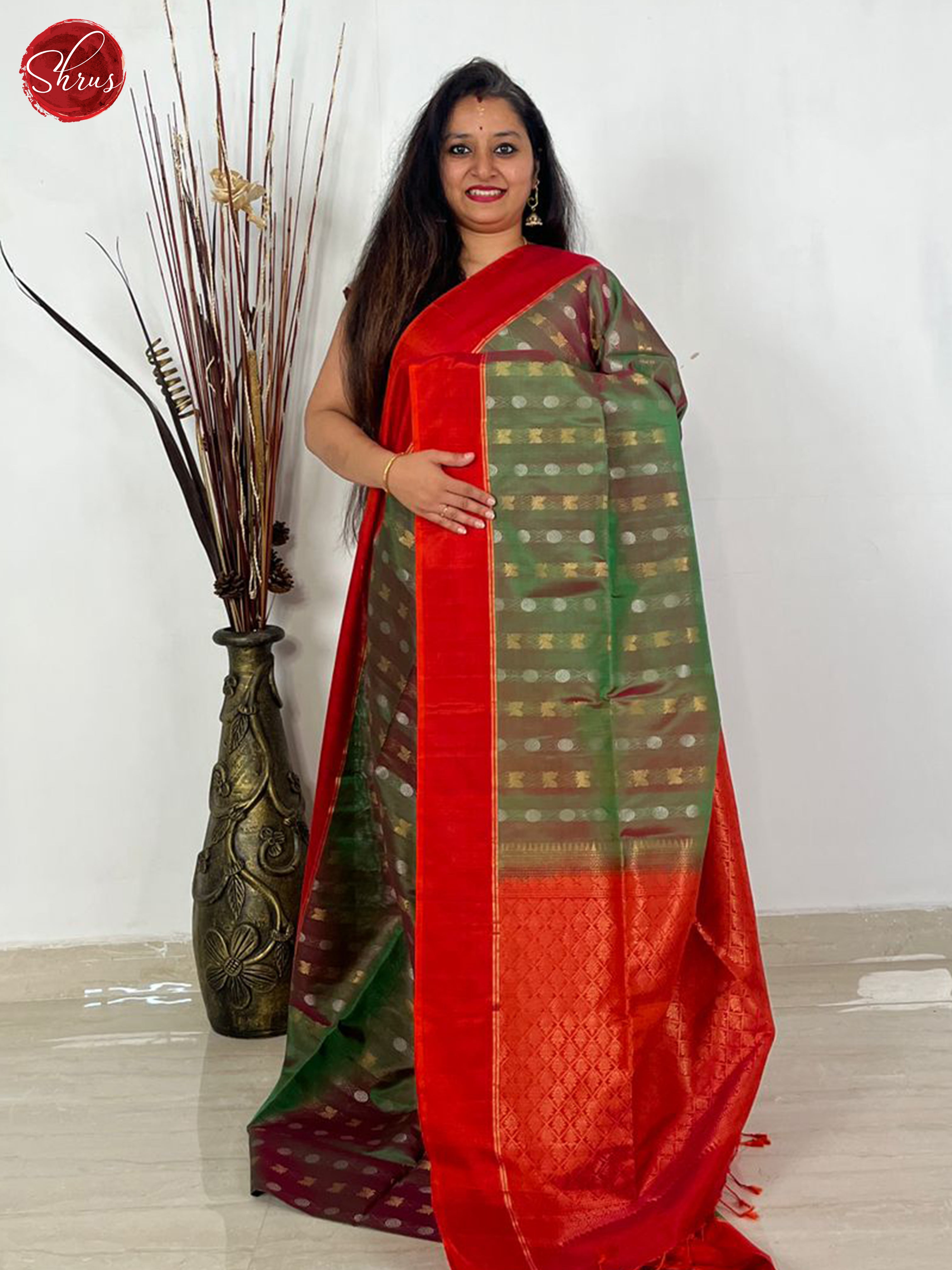 Green & Orange - Silk Cotton Saree - Shop on ShrusEternity.com