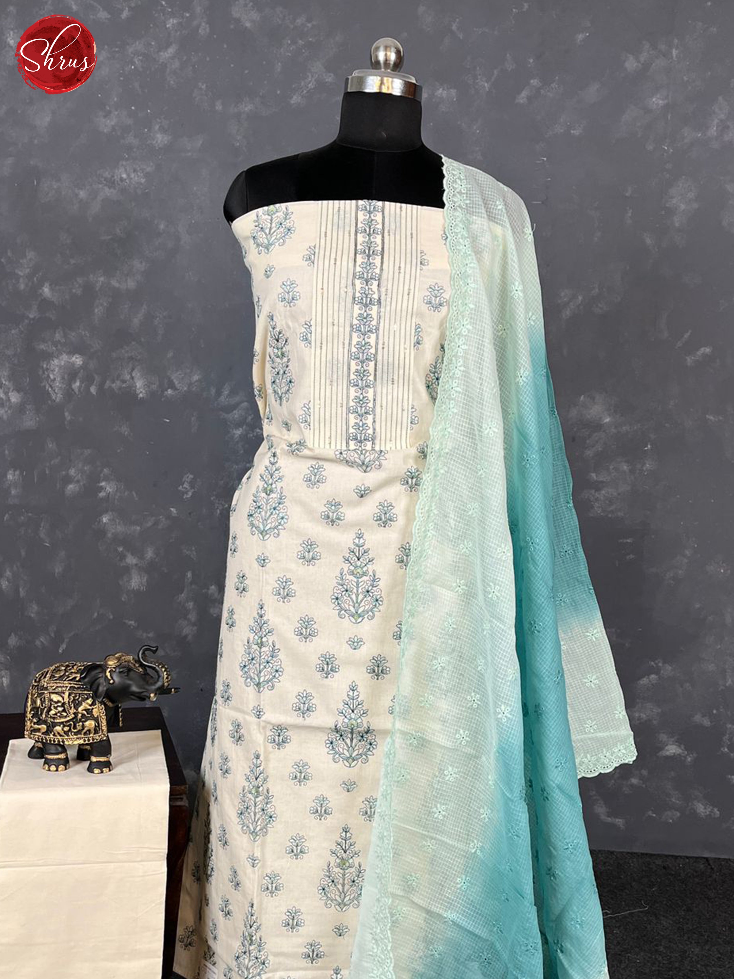 Cream & Blue - Unstitched Salwar - Shop on ShrusEternity.com