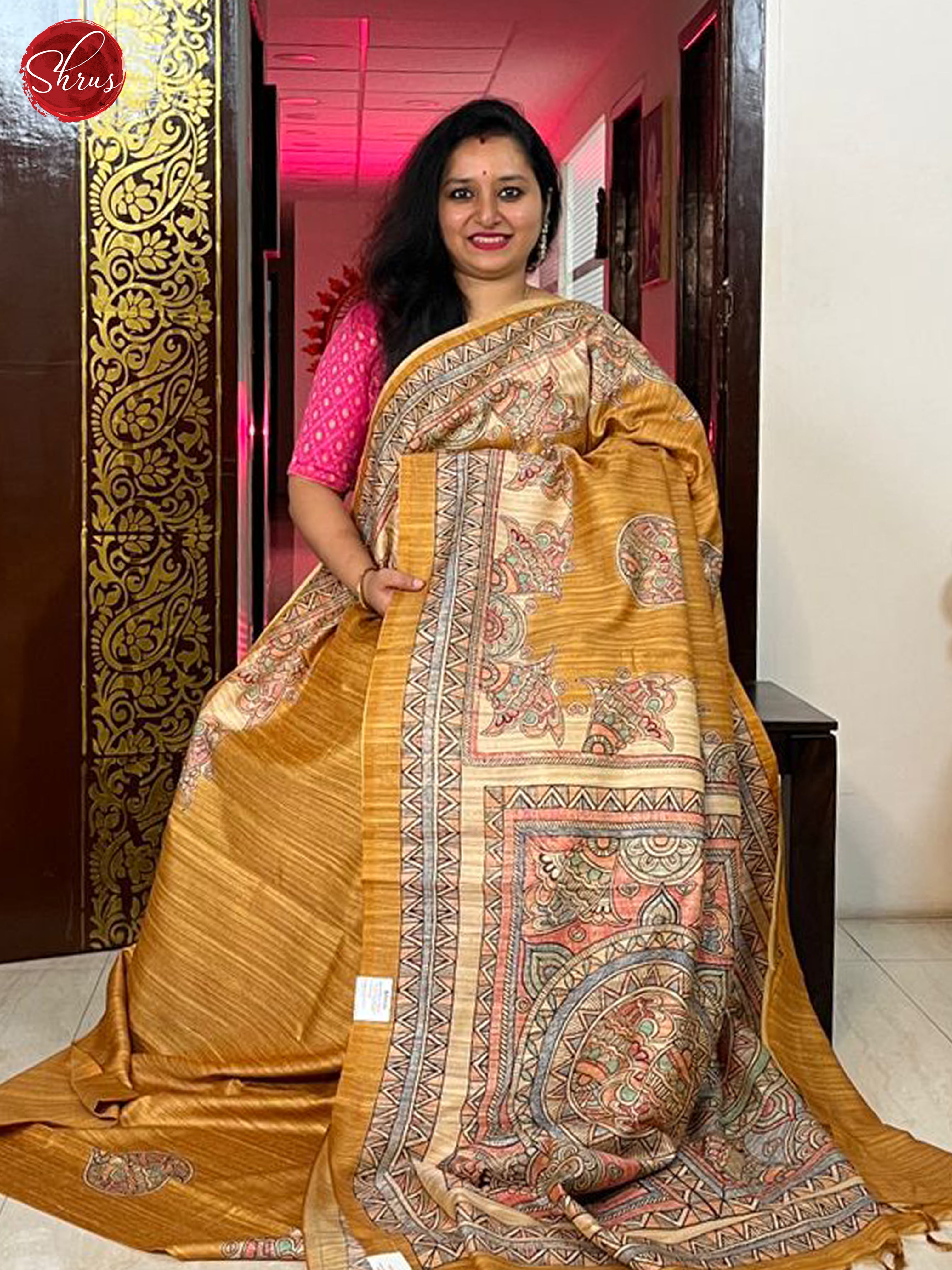 Mustard & Beige - Semi Gicha Saree - Shop on ShrusEternity.com