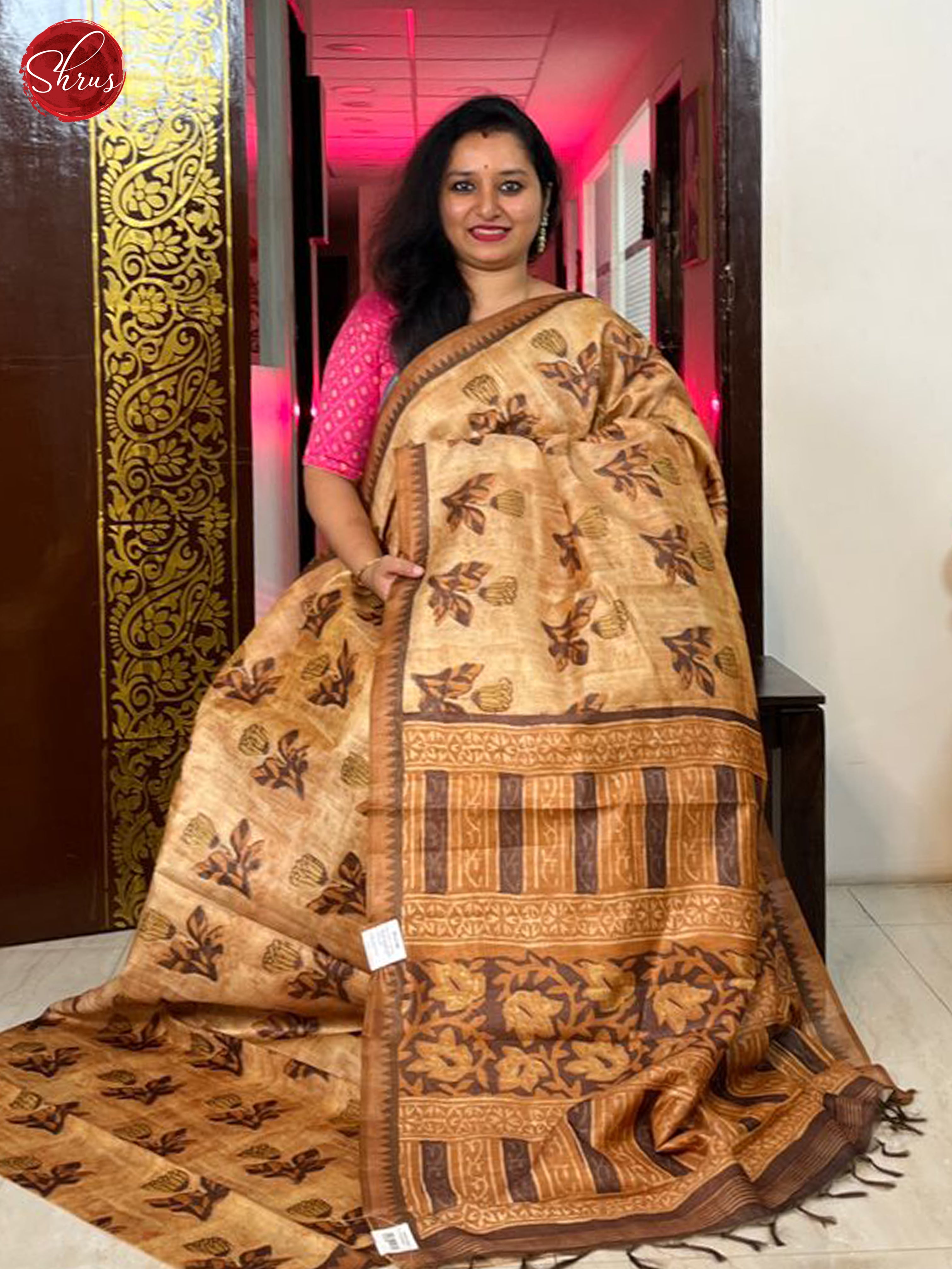 Mustard & Brown- Semi gicha Saree - Shop on ShrusEternity.com