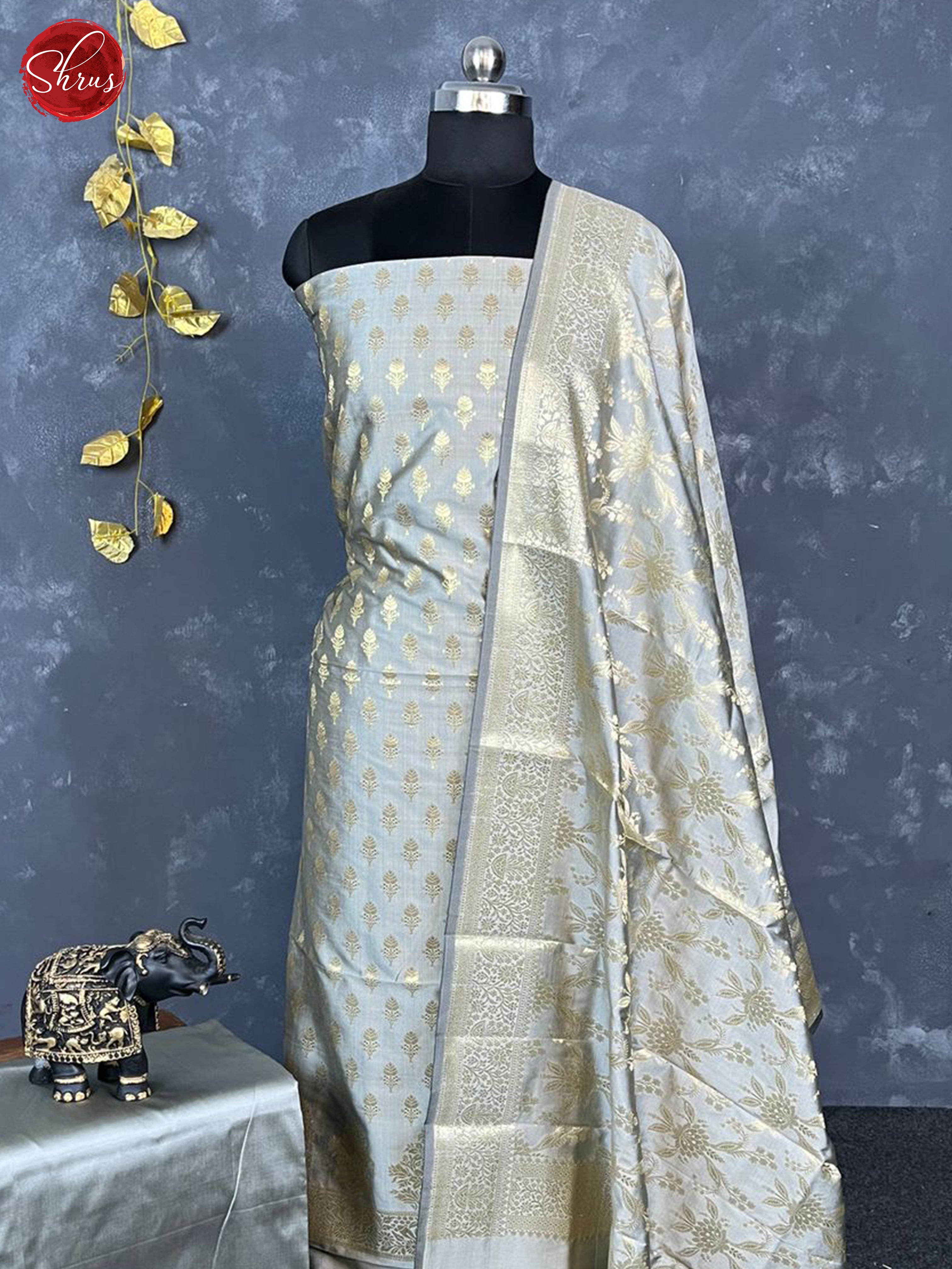 Grey - Semi Banarasi Unstitched Salwar - Shop on ShrusEternity.com