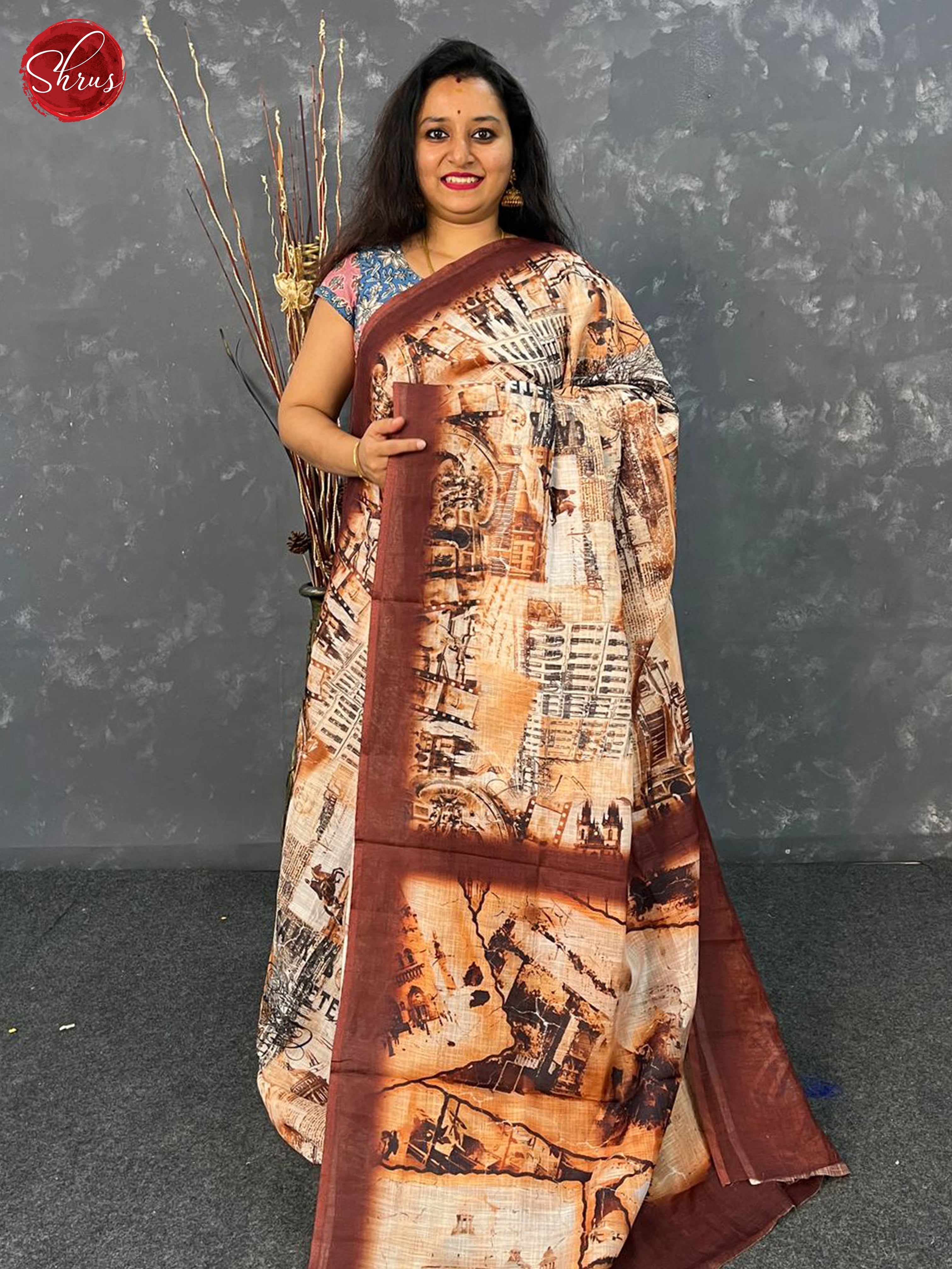 Cream & Brown- Art Linen Saree - Shop on ShrusEternity.com
