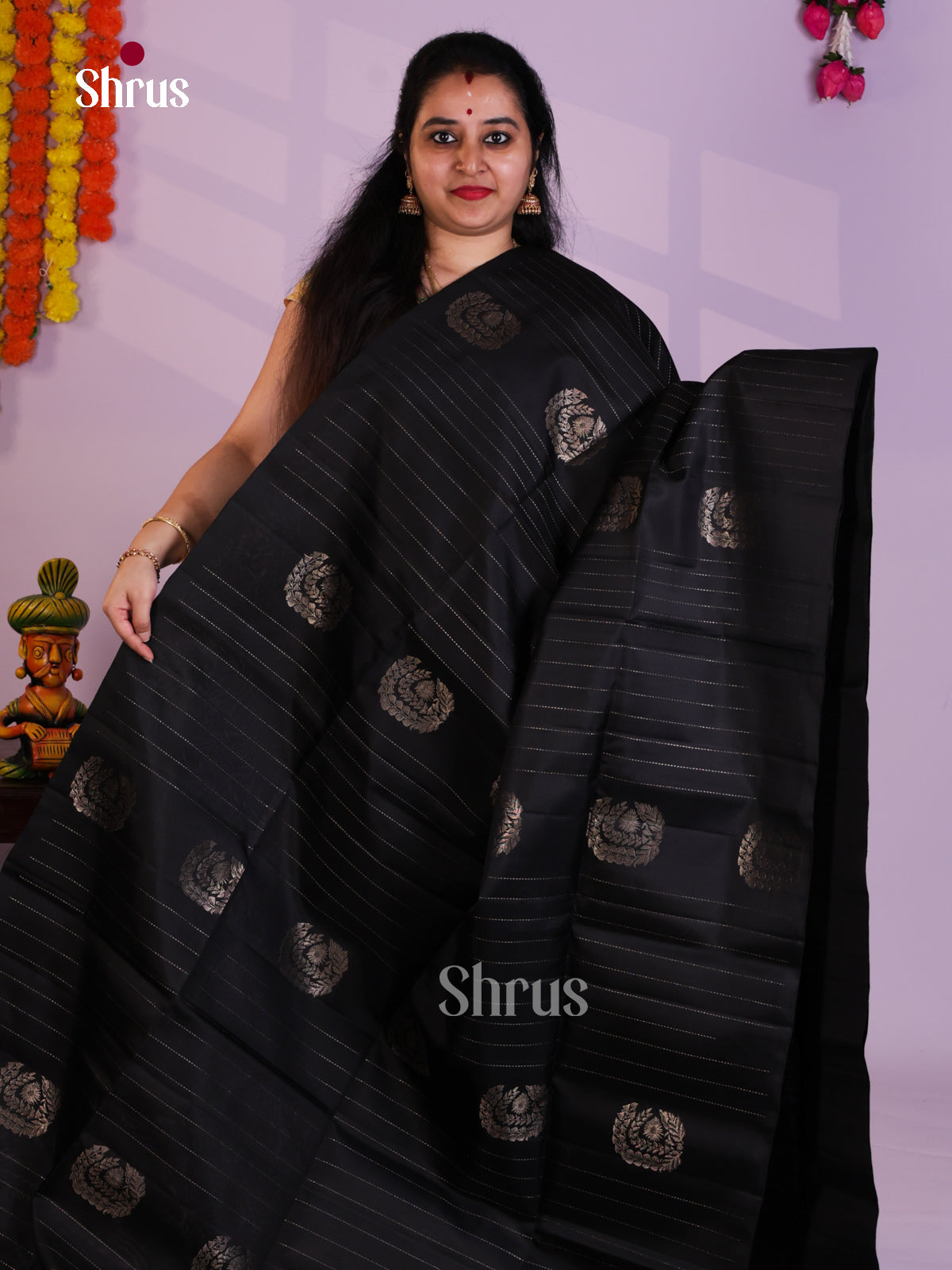 Buy Timeless Black Borderless Silk Saree with Gold stripes & motifs