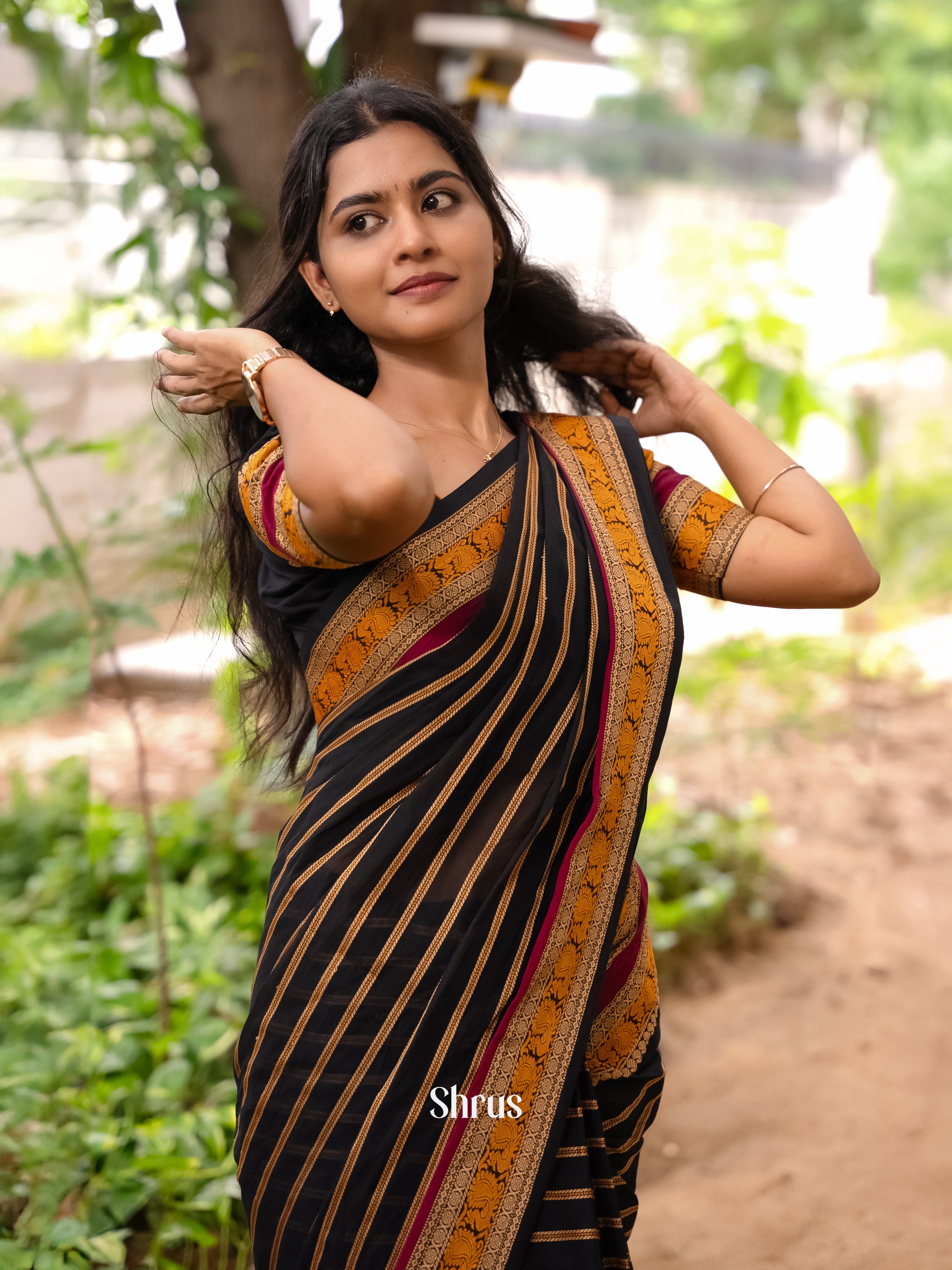 Mystique Black Chettinad Cotton Saree With Stripes & Thread Woven Peacock Buttas