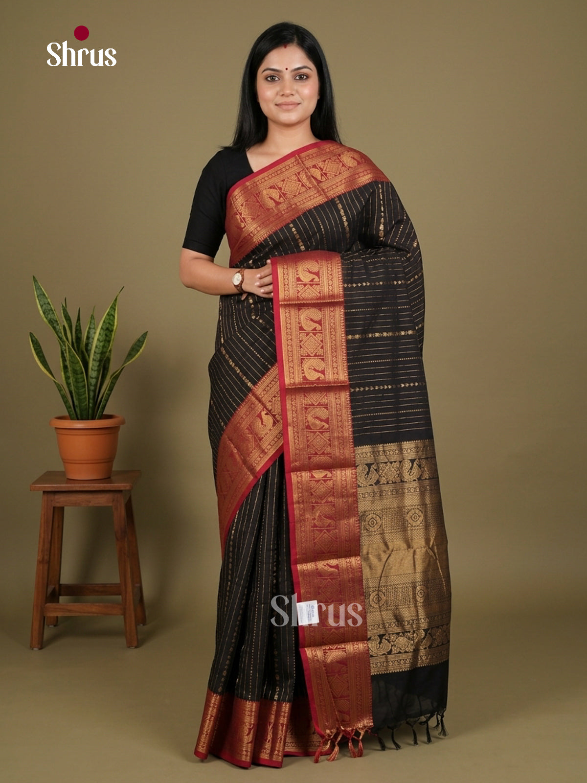Shimmery Black Chettinad Cotton Sarees With Golden Stripes & Maroon Zari Woven Border