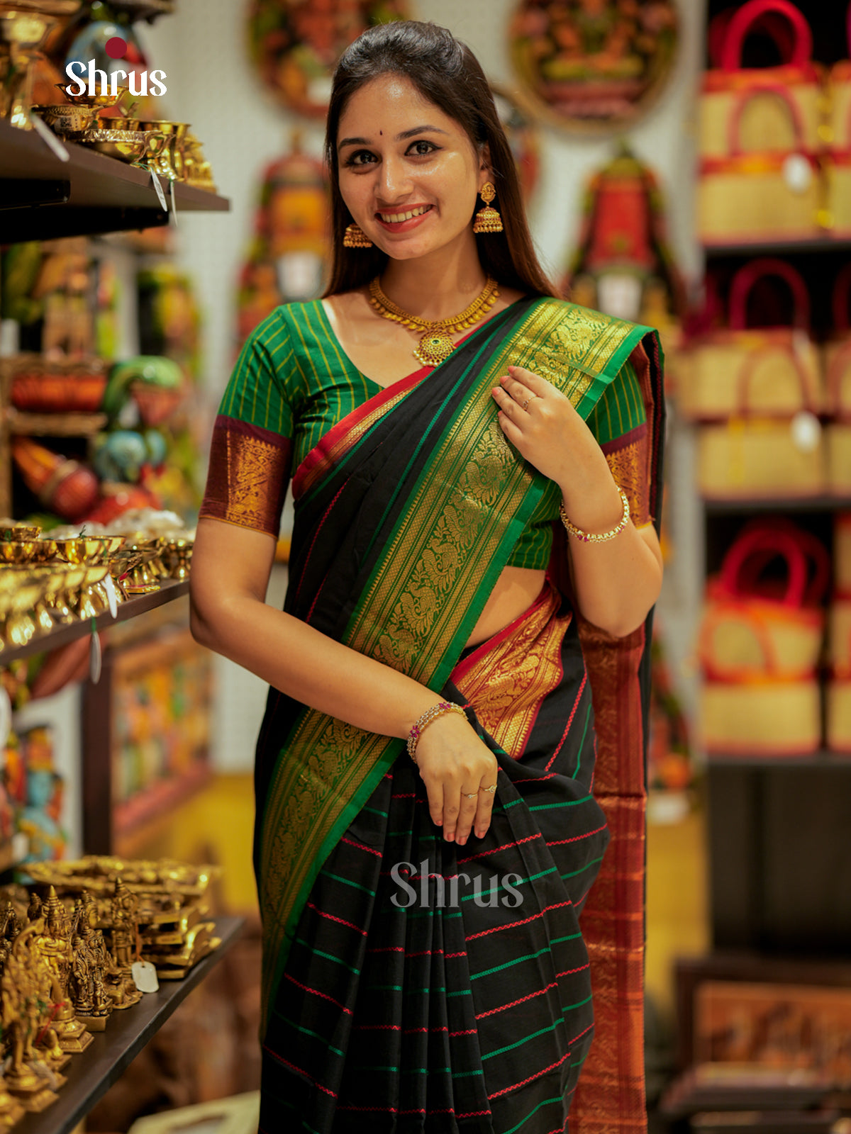 Classic Black Chettinad Cotton Sarees With Stripes & Ganga Jamuna Zari Border