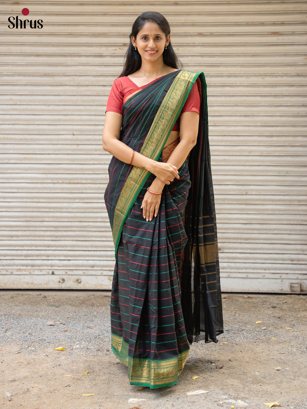 Classic Black Chettinad Saree With Stripes & Ganga Jamuna Zari Border