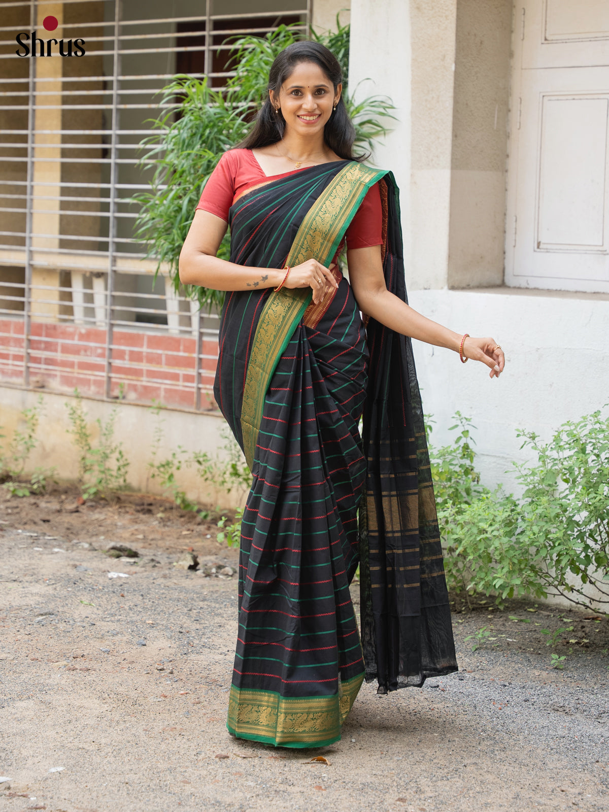 Classic Black Cotton Saree With Stripes & Ganga Jamuna Zari Border
