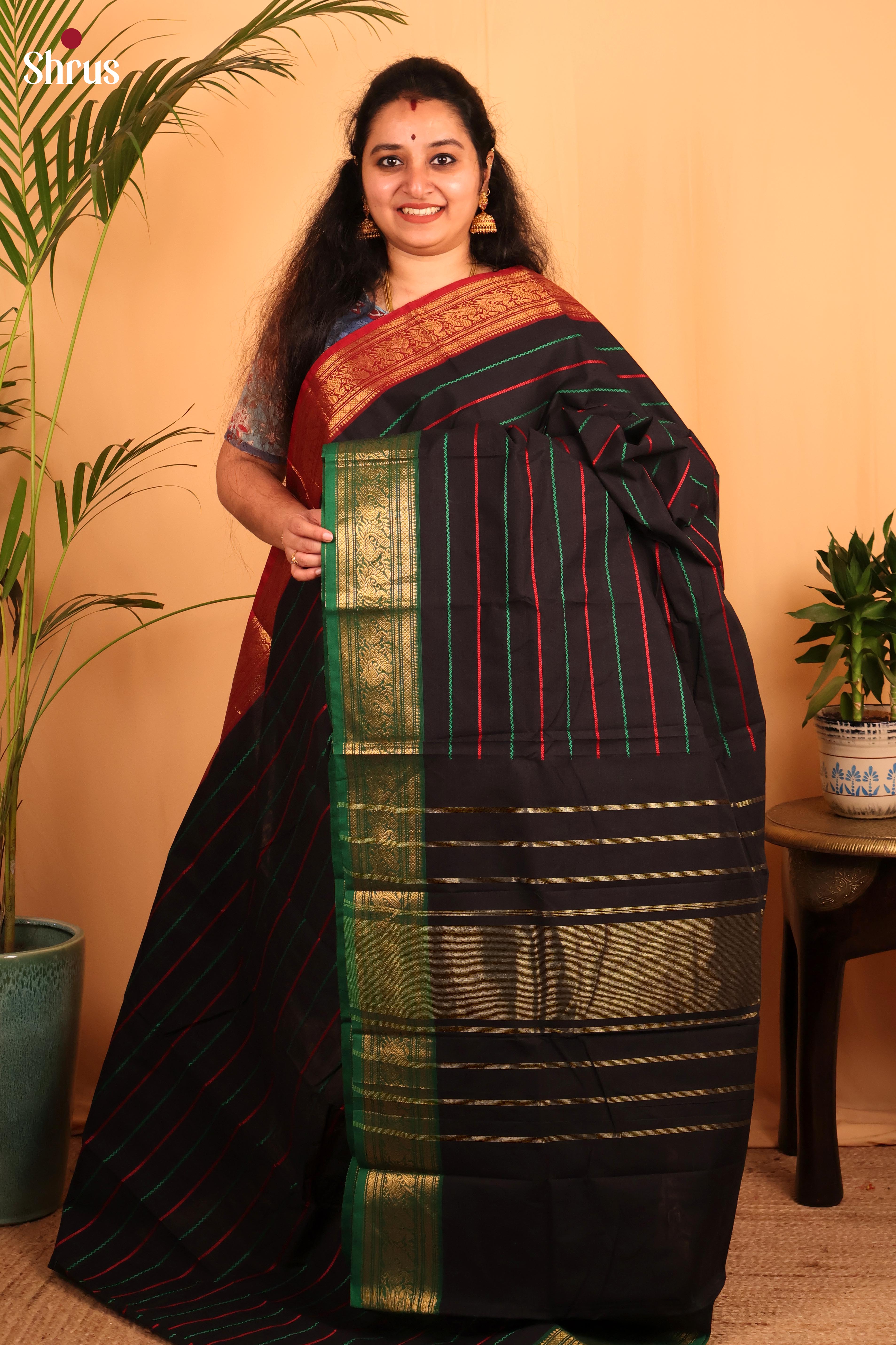 Classic Black Cotton Sarees With Stripes & Ganga Jamuna Zari Border