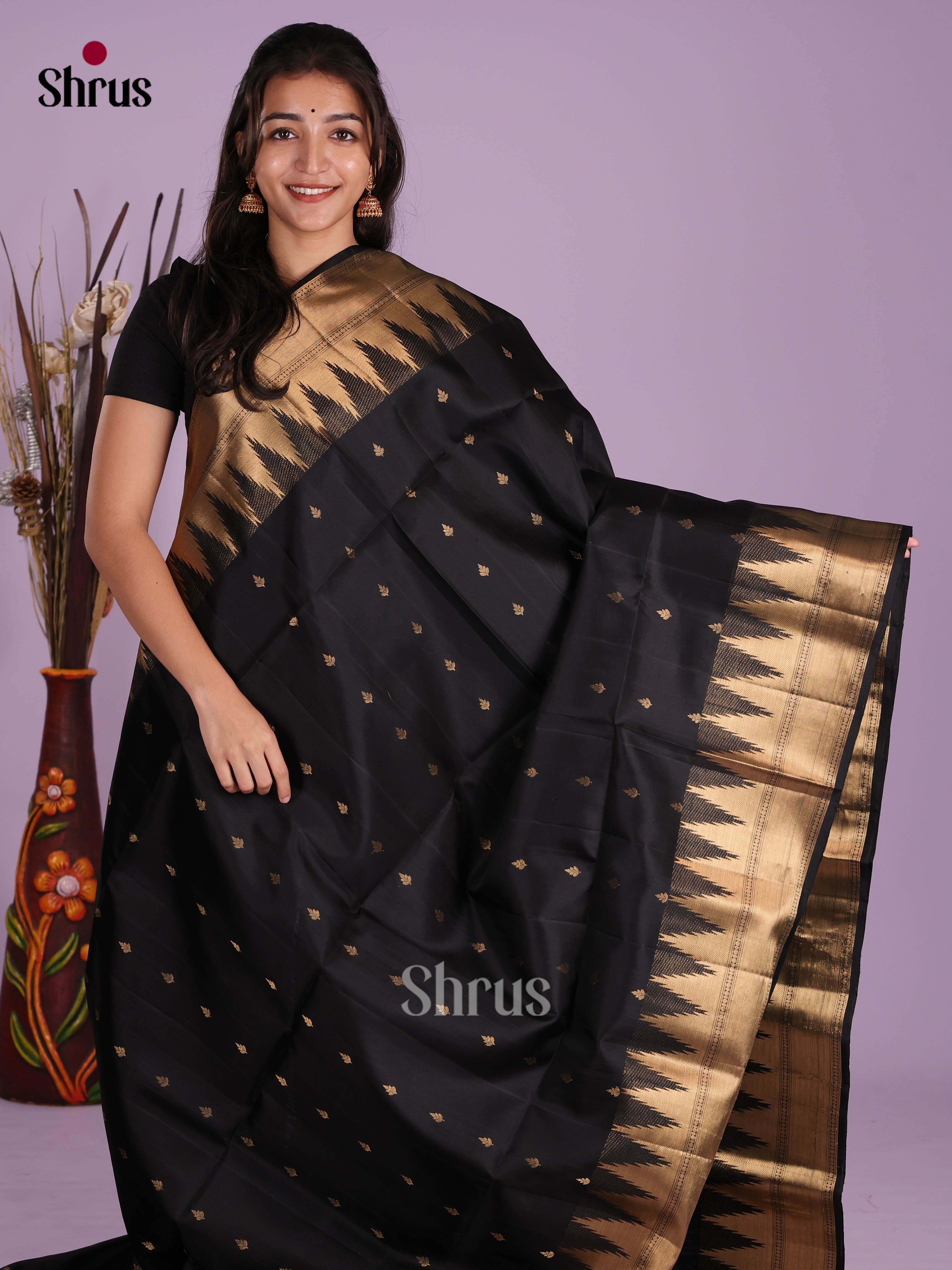Buy Mystique Black Pure Soft Silk Saree With Gold Buttas, Temple Border & Brocade Pallu