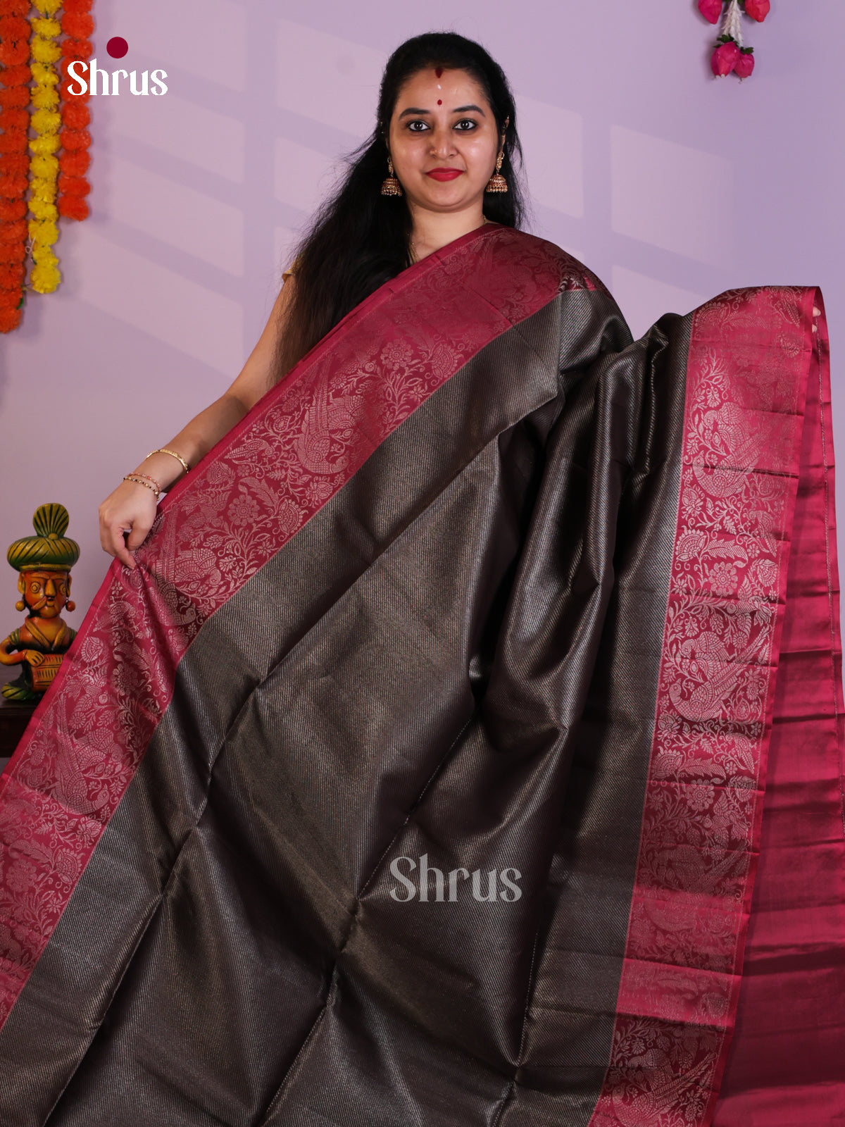 Buy Black Pure Soft Silk Saree with Brocade Stripes & Maroon Border