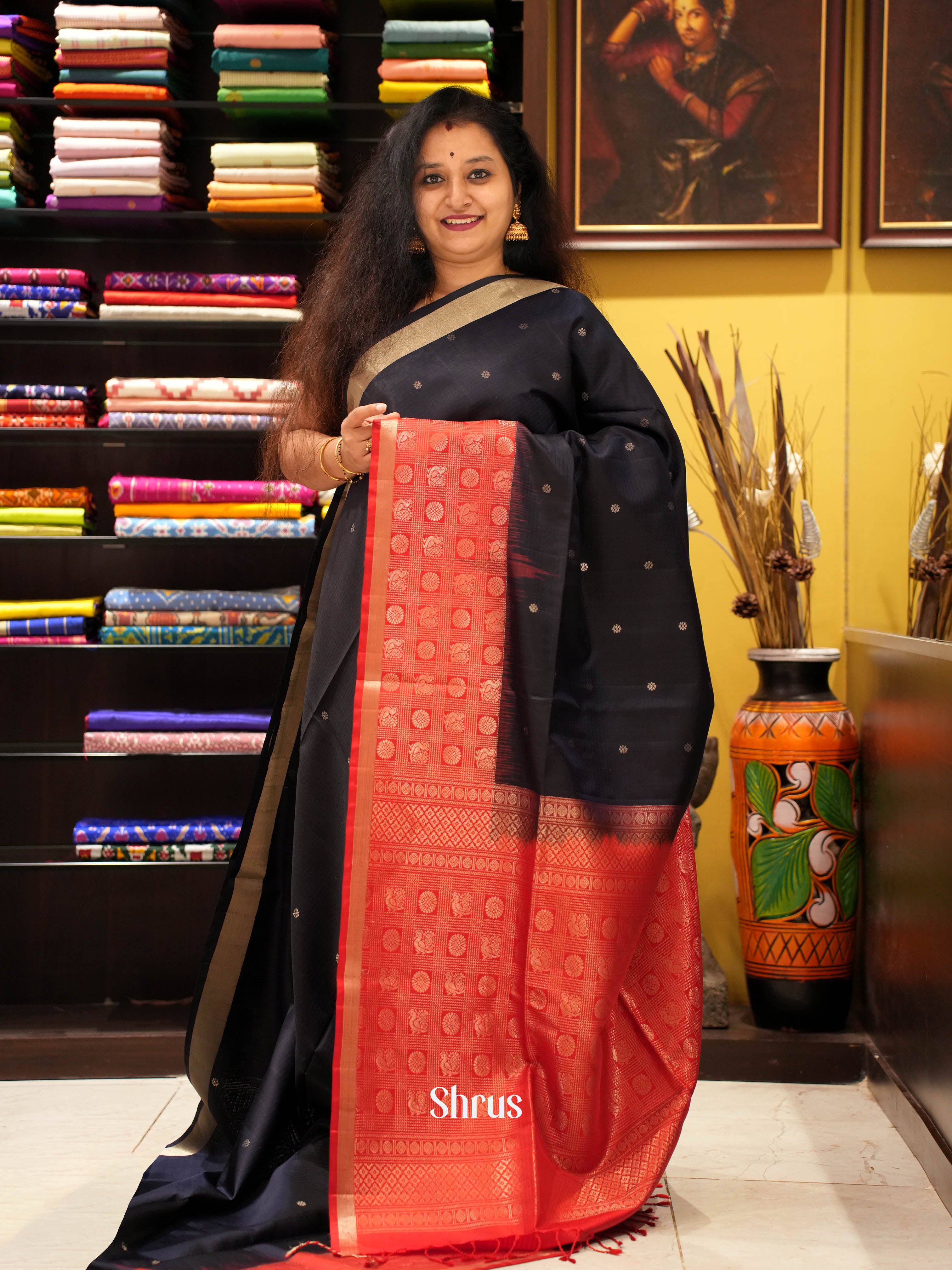 Exquisite Black Soft Silk Saree With Gold Buttas, Red Checks & Buttas Woven Zari Border & Pallu