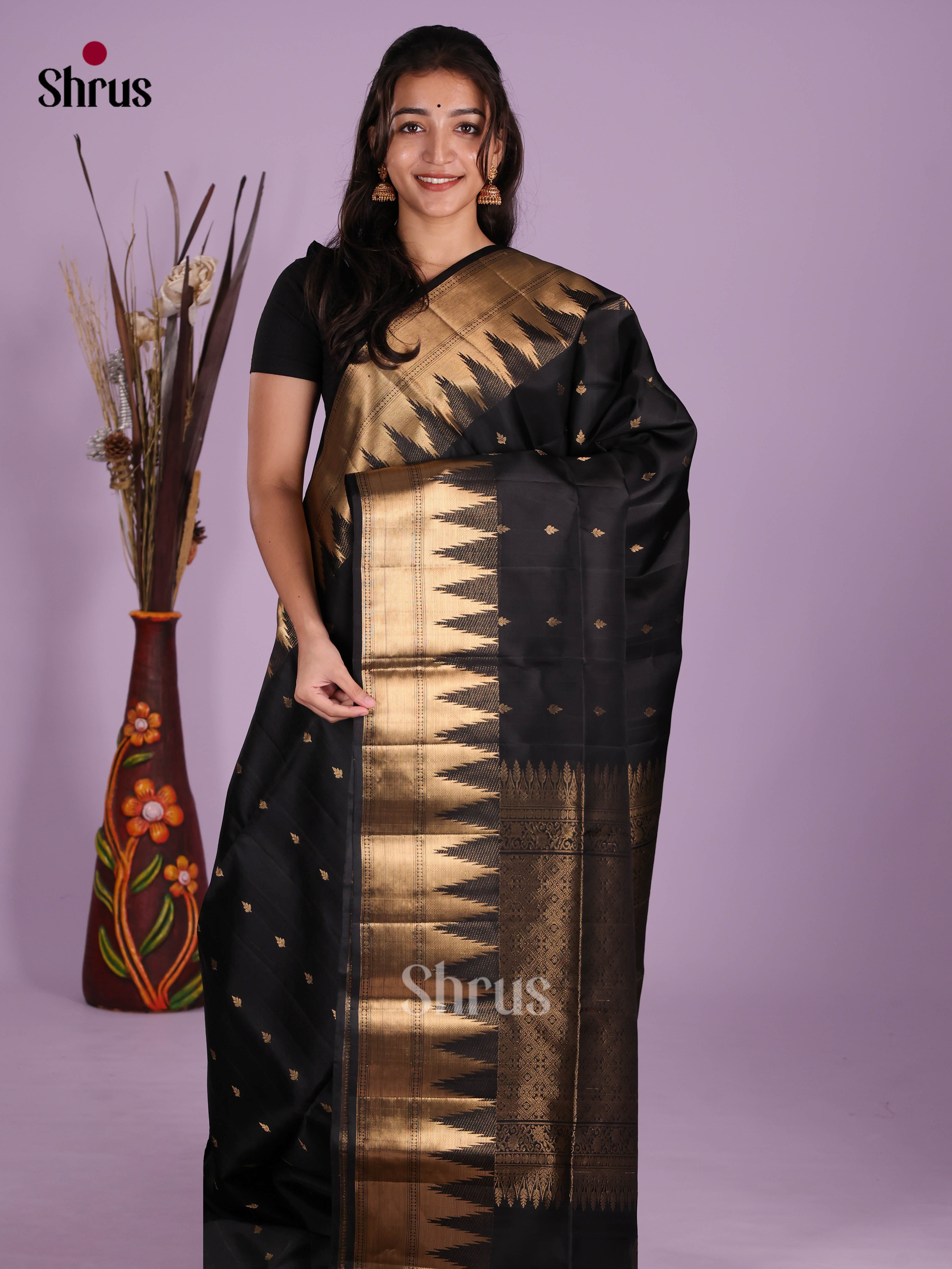 Buy Mystique Black Soft Silk Saree With Gold Buttas, Temple Border & Brocade Pallu