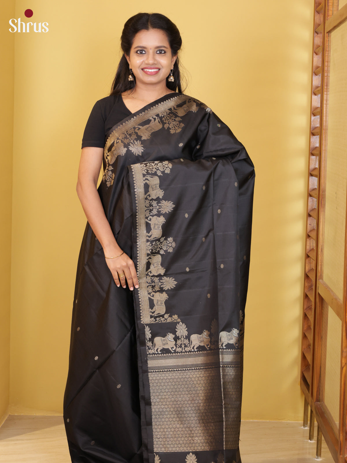 Buy Majestic Black Soft Silk Saree With Golden Buttas, Zari Border With Cow Motifs & Brocade Pallu