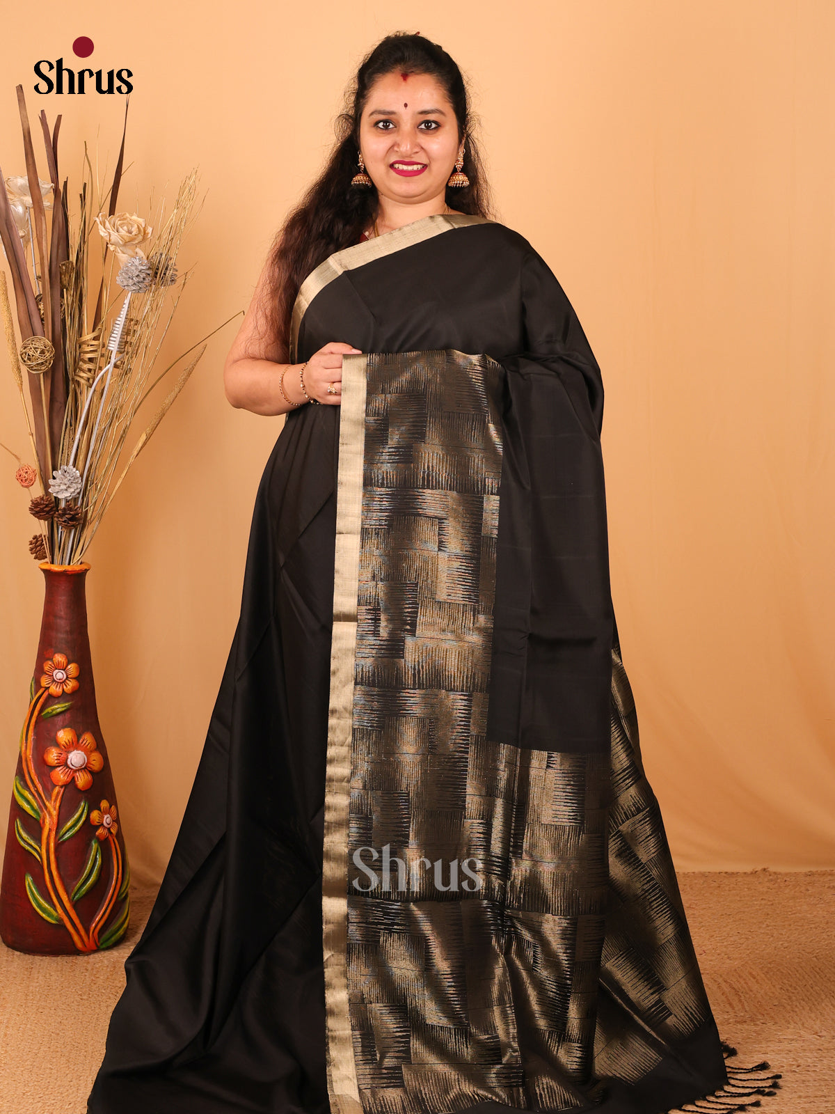 Mystique Black Soft Silk Saree With Plain Body, Golden Abstract Grids Zari Border & Pallu