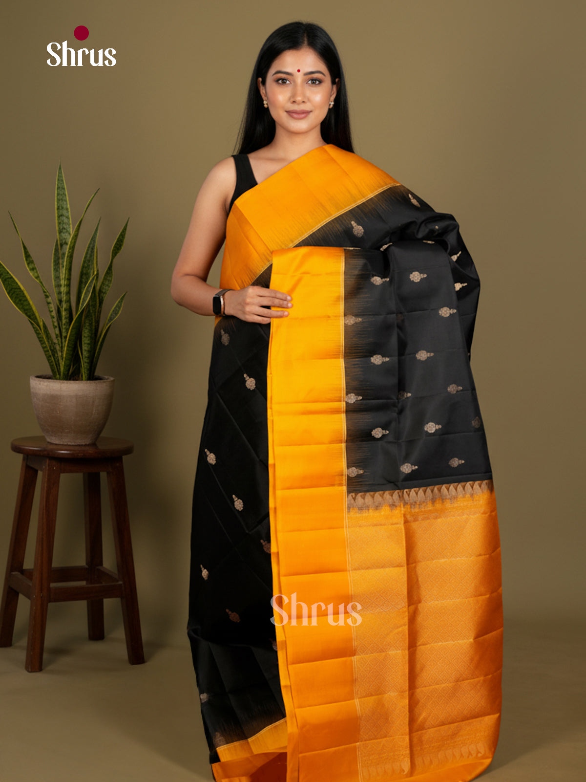 Buy Beautiful Black Soft Silk Saree with Gold Buttas, Mustard Border & Zari Brocade pallu