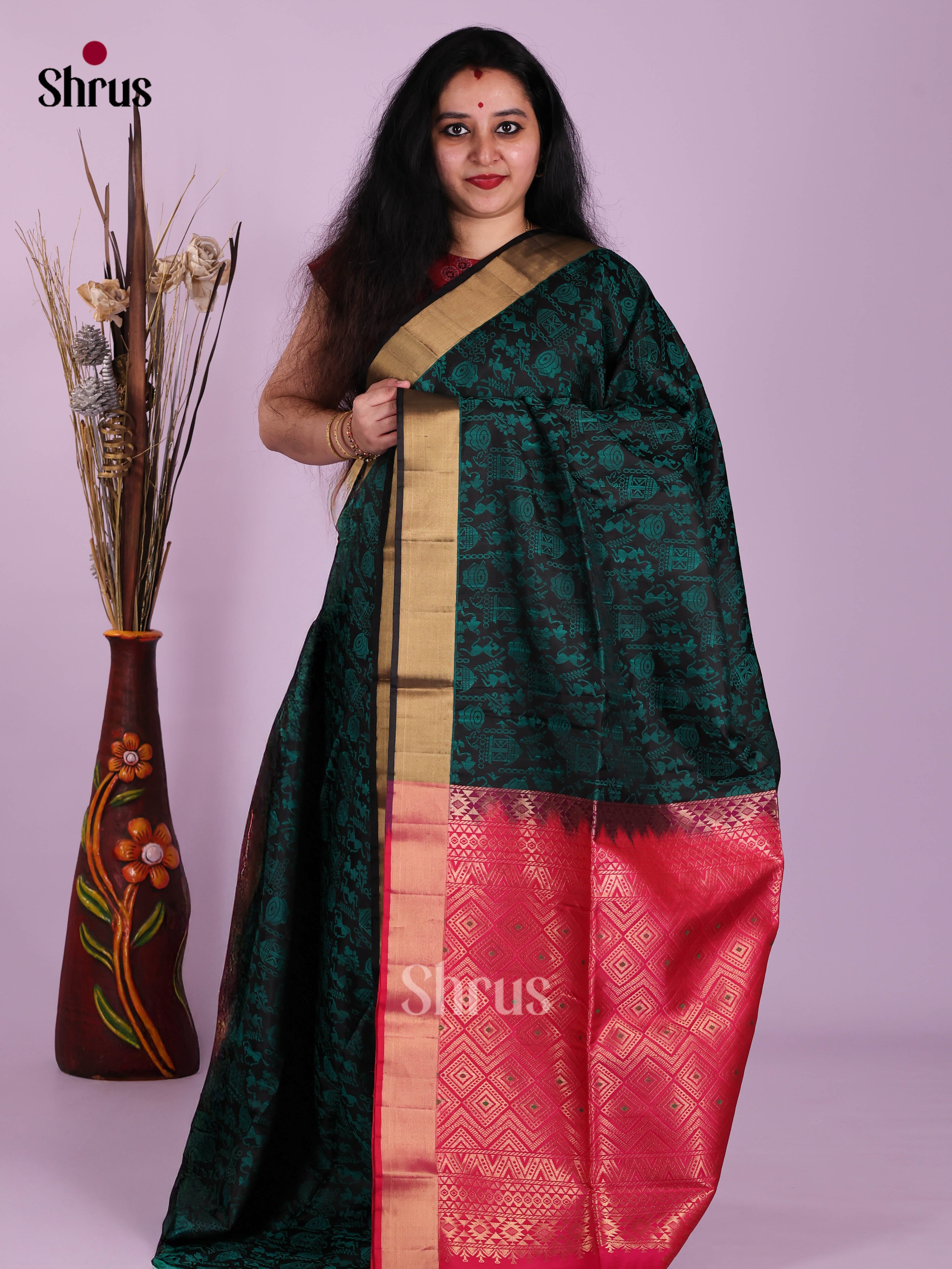 Buy Regal Black Soft Silk Saree with Green Warli Prints, Zari Border & Pink Brocade Pallu
