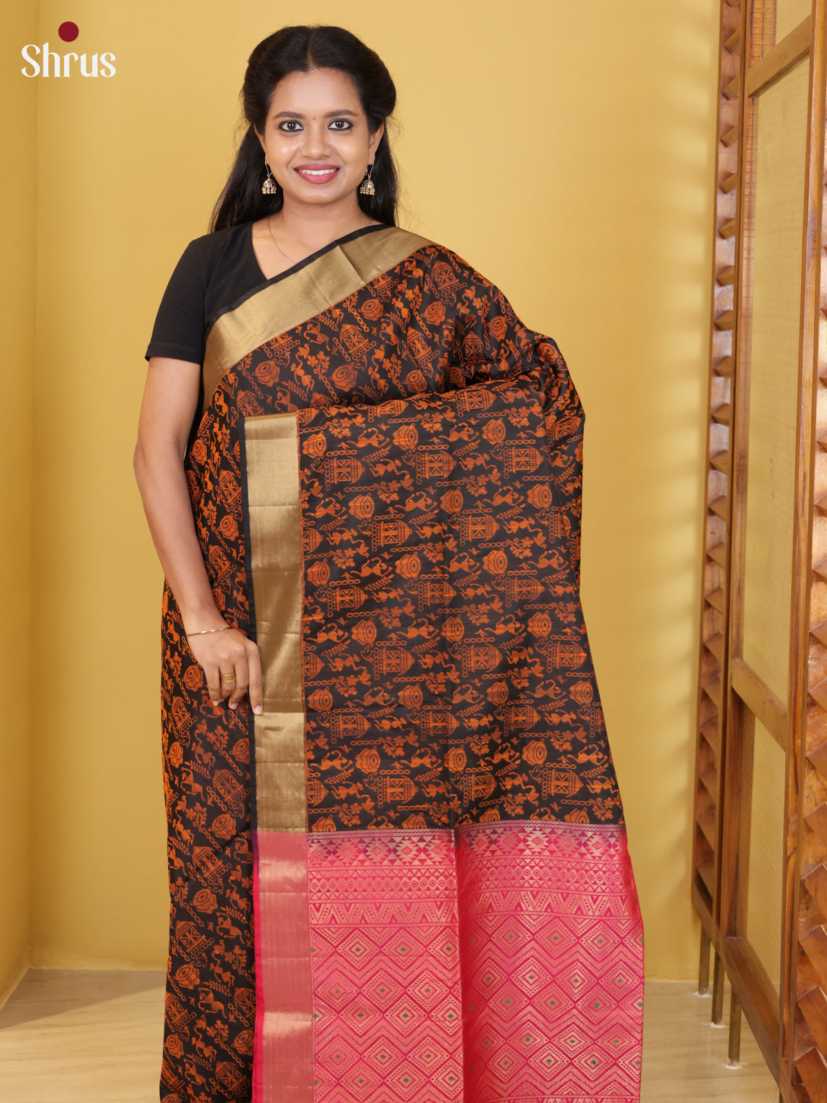 Buy Enchanting Black Soft Silk Saree with Warli Inspired Motifs, Golden Border & Pink Pallu