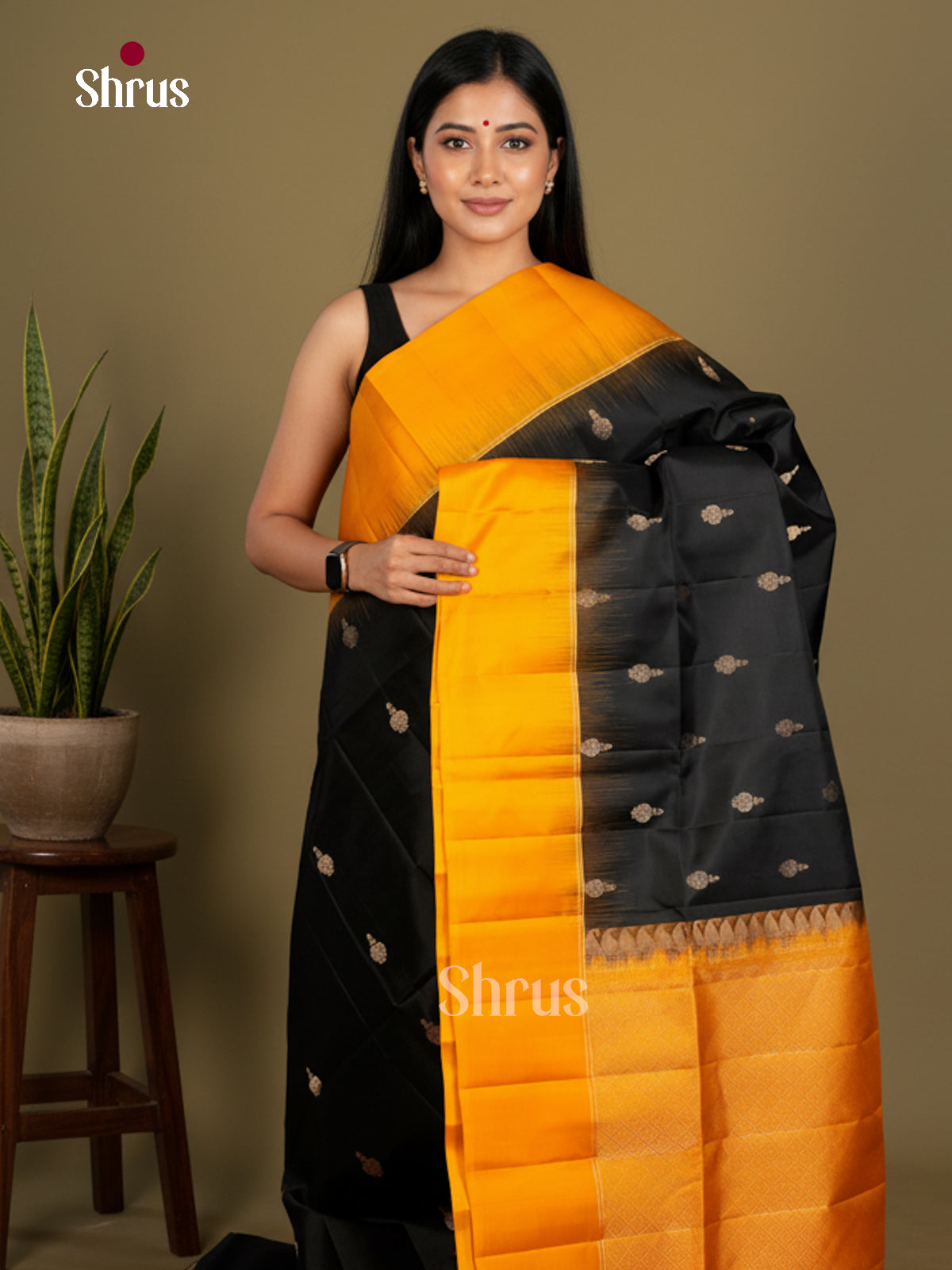 Buy Beautiful Black Soft Silk Sarees with Gold Buttas, Mustard Border & Zari Brocade pallu
