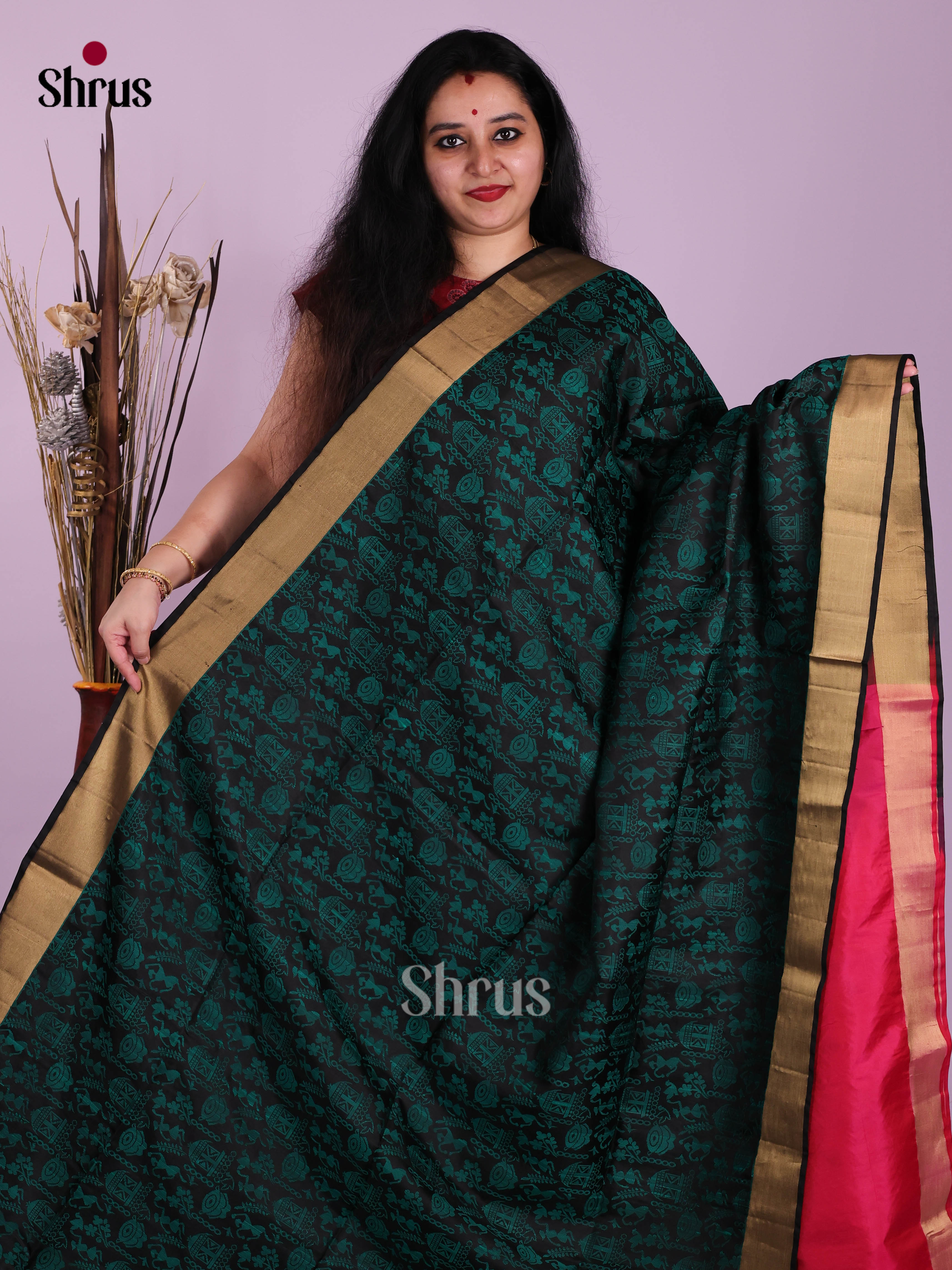 Buy Regal Black Soft Silk Sarees with Green Warli Prints, Zari Border & Pink Brocade Pallu