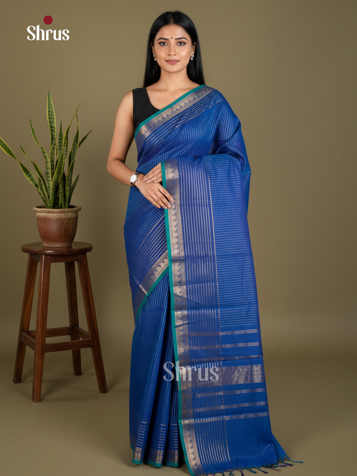 Sheeny Blue Chettinad Cotton Saree With Gold Stripes & Zari Woven Small Border