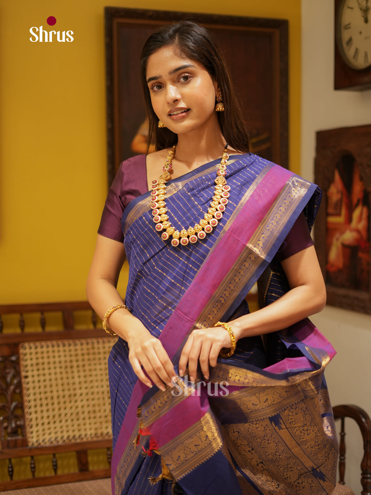 Pretty Blue Chettinad Saree With Golden Stripes & Purple Zari Border