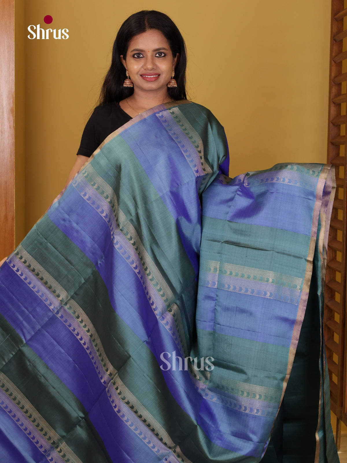 Buy Beautiful Blue & Green Pure Soft Silk Saree with Horizontal Zari Stripes & Geometric Patterns
