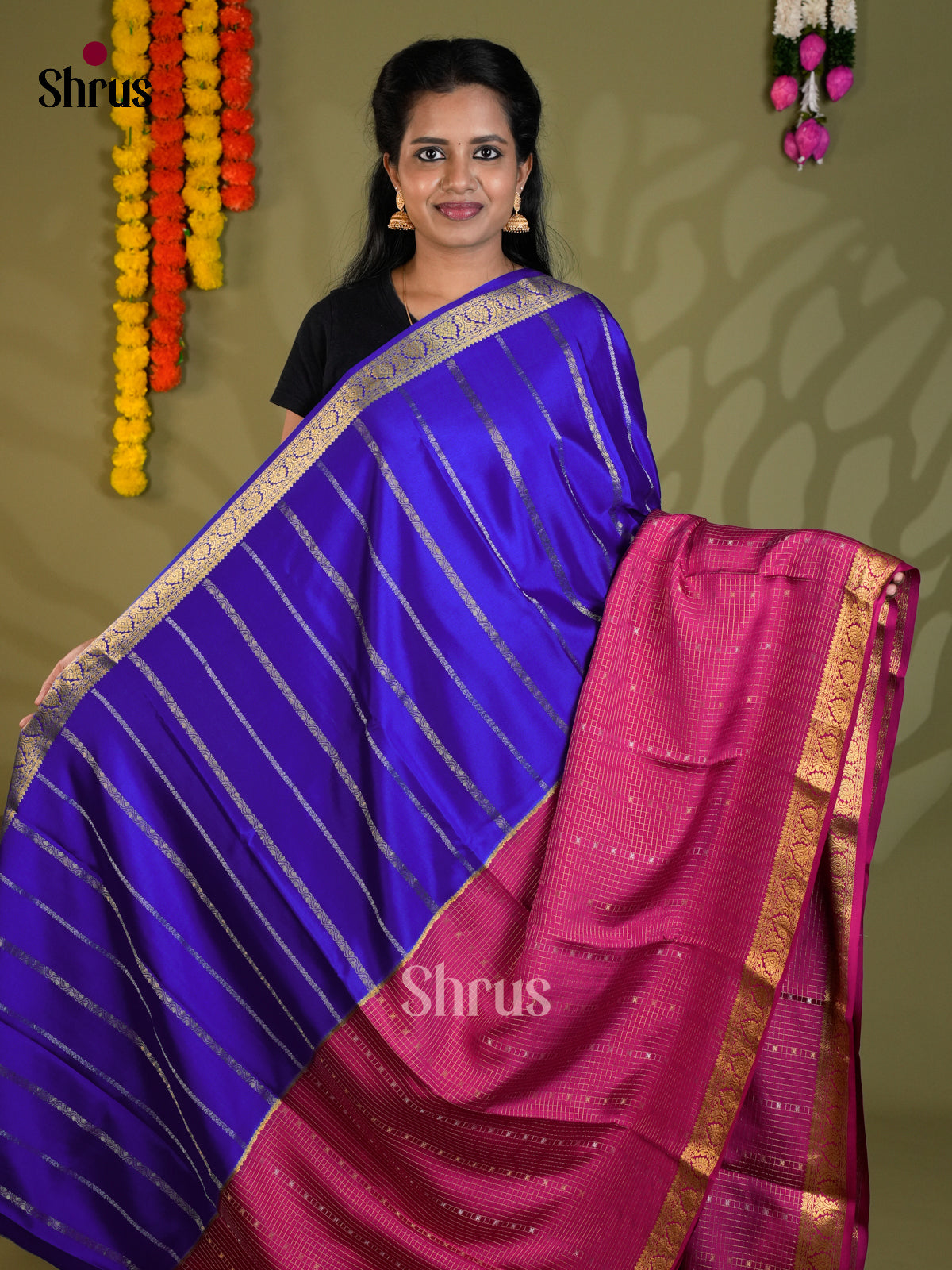 Buy Majestic Blue Half & Half Mysore Silk Sarees with Gold Stripes, Purple Checked Border & Pallu