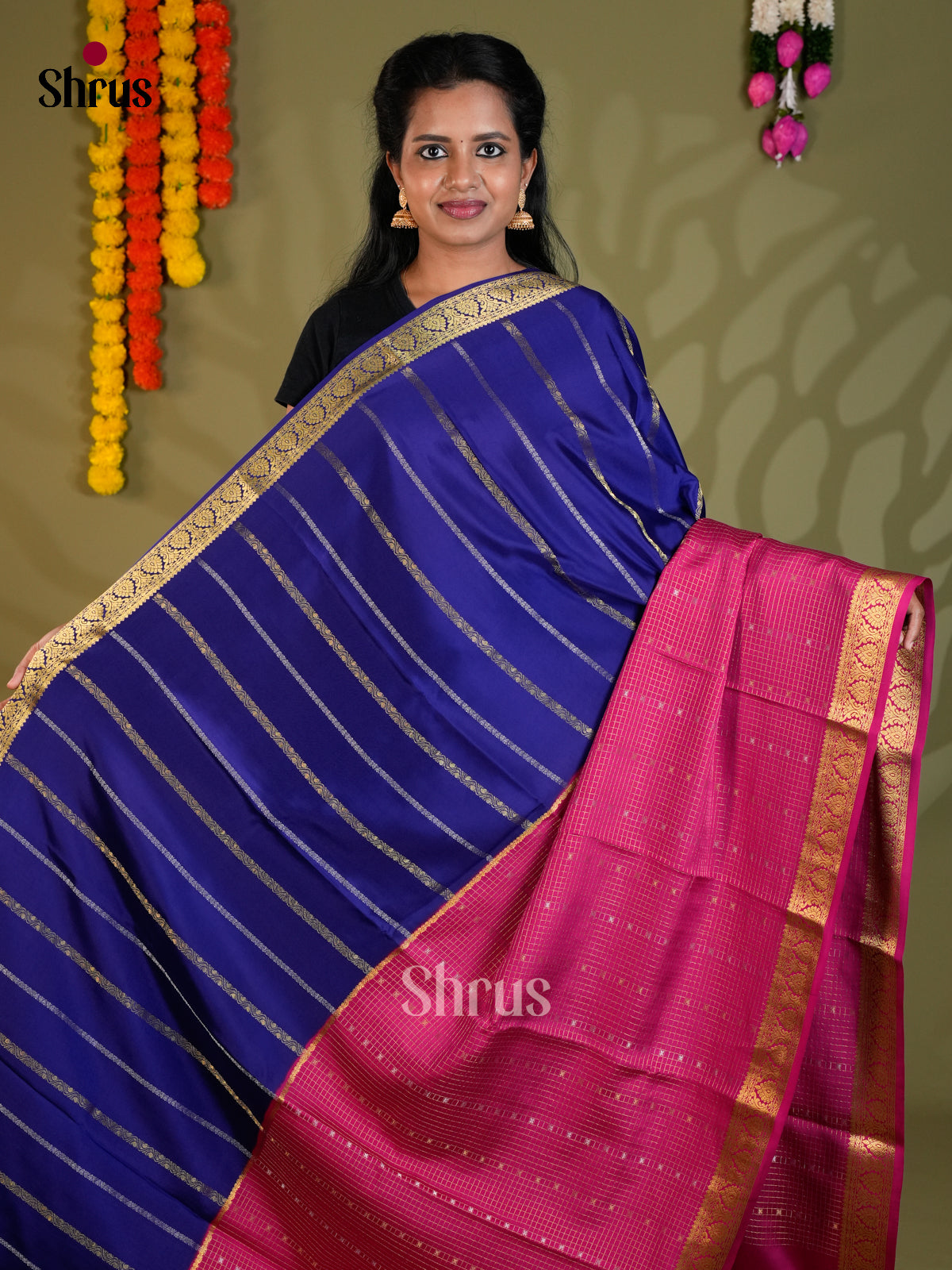 Buy Enchanting Blue Half & Half Pure Mysore Silk Saree with Gold Stripes, Purple Checks & Zari Pallu