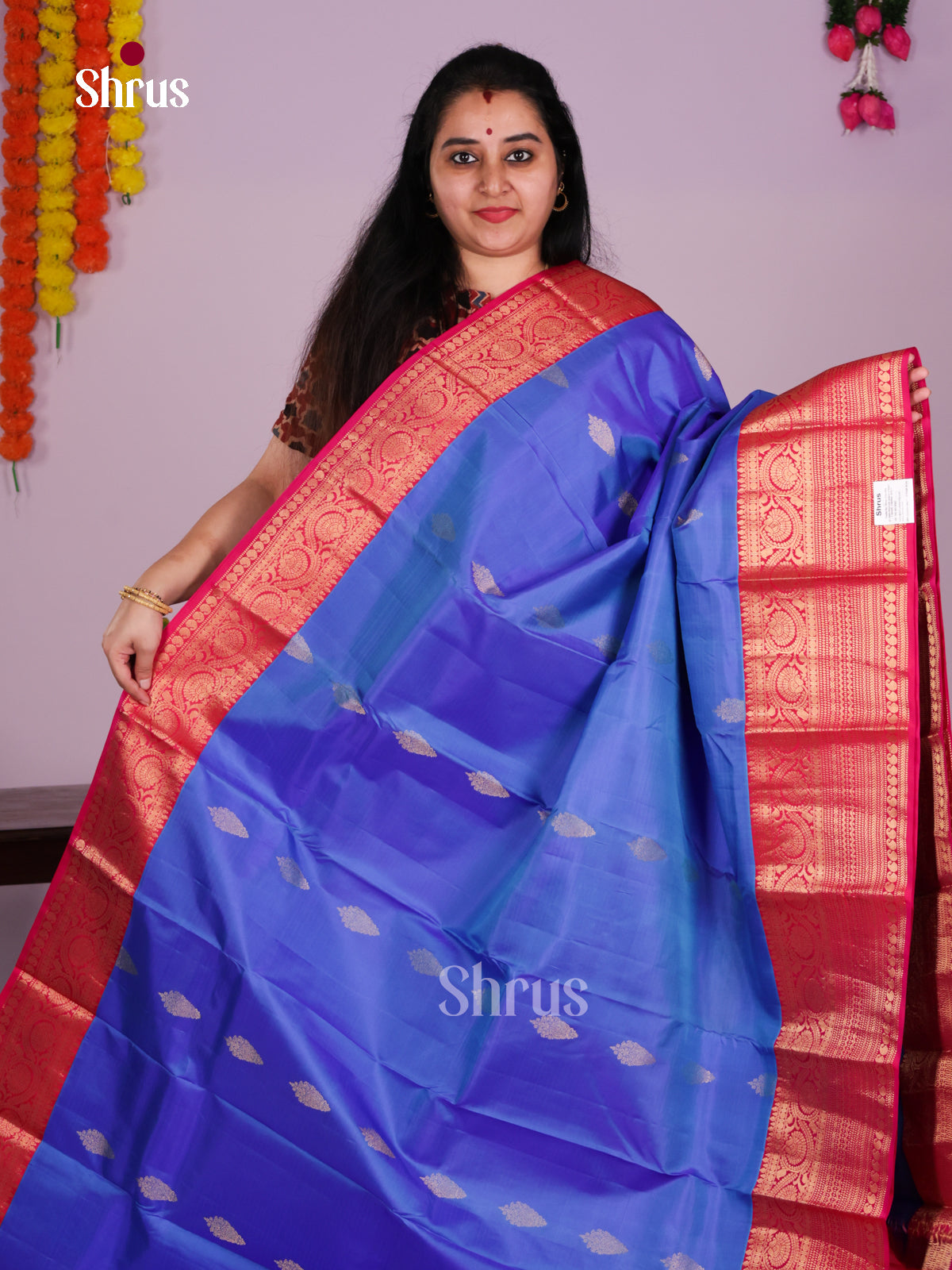 Buy Elegant Blue Kanchipuram Saree with Silver Buttas, Big Red Border & Brocade Pallu