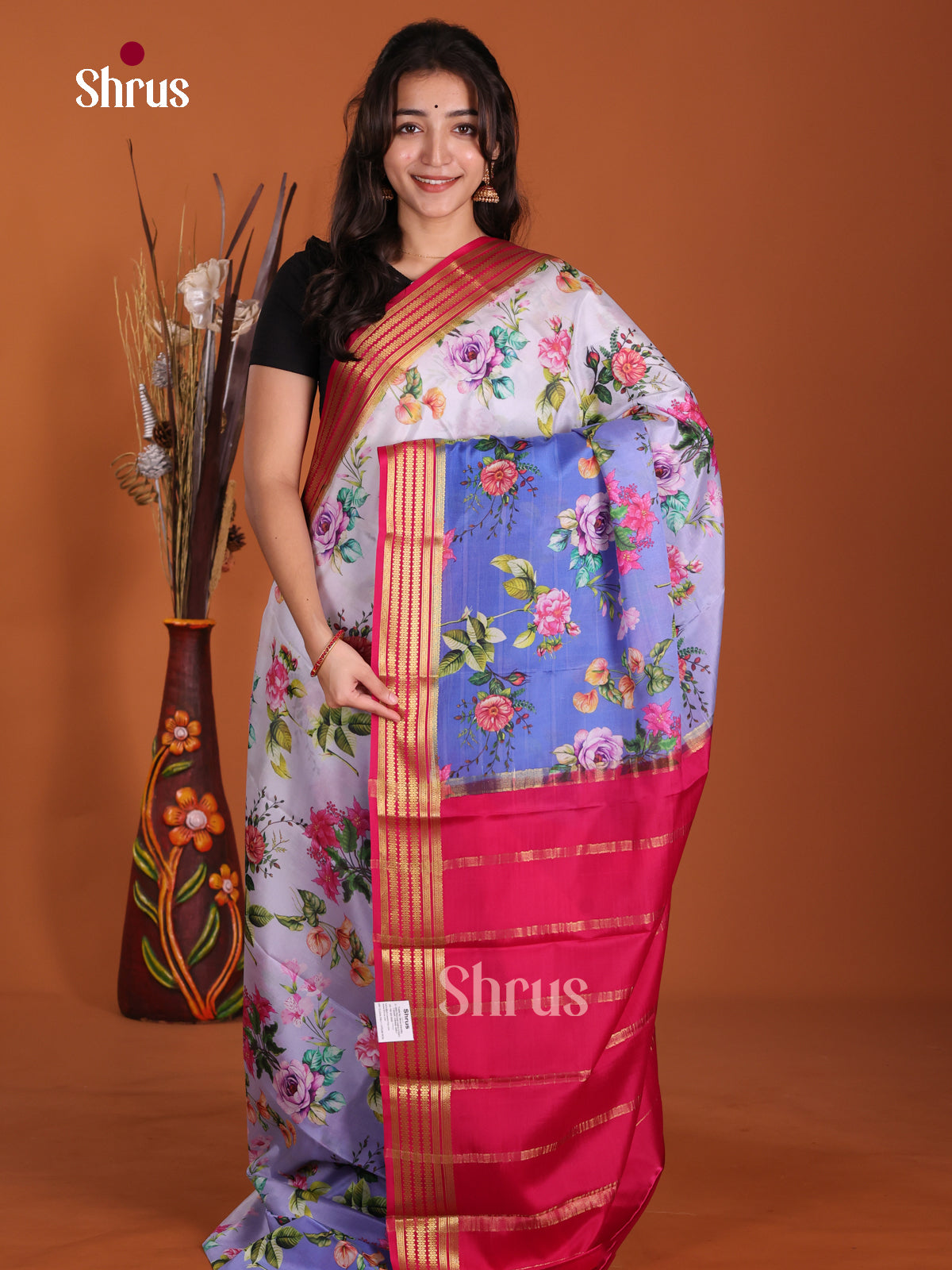 Buy Serene Blue Mysore Silk Saree with Floral Prints, Pink Striped Zari Border & Chit Pallu