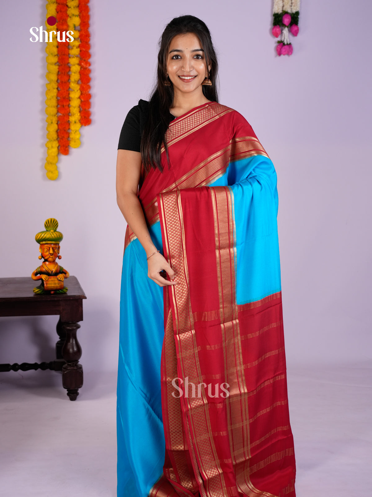 Buy Vibrant Blue Mysore Silk Saree with Red Rettaipet Zari Border & Traditional Pallu