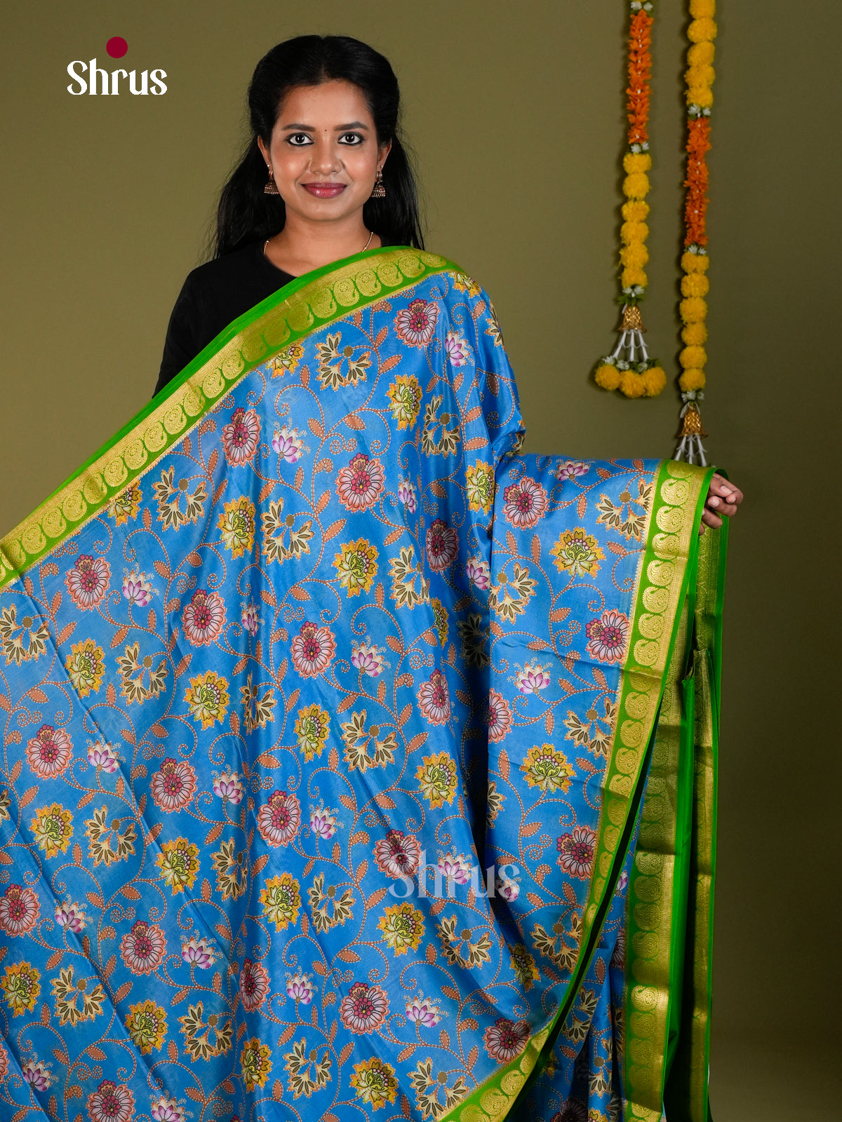 Buy Classic Blue Mysore Silk Sarees with Floral Print & Green Zari Border With Mango Motifs