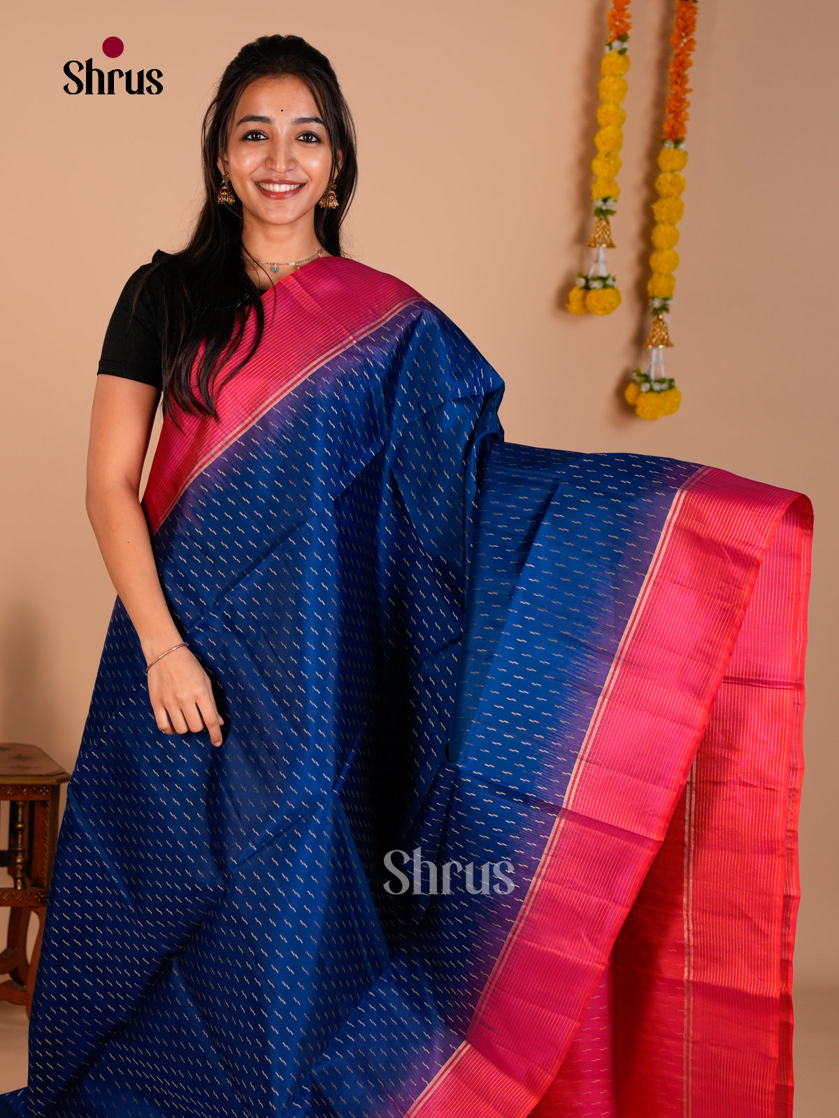 Buy Adorable Blue Pure Soft Silk Saree with Gold Stripes Buttas, Orangish Pink Border & Brocade Pallu