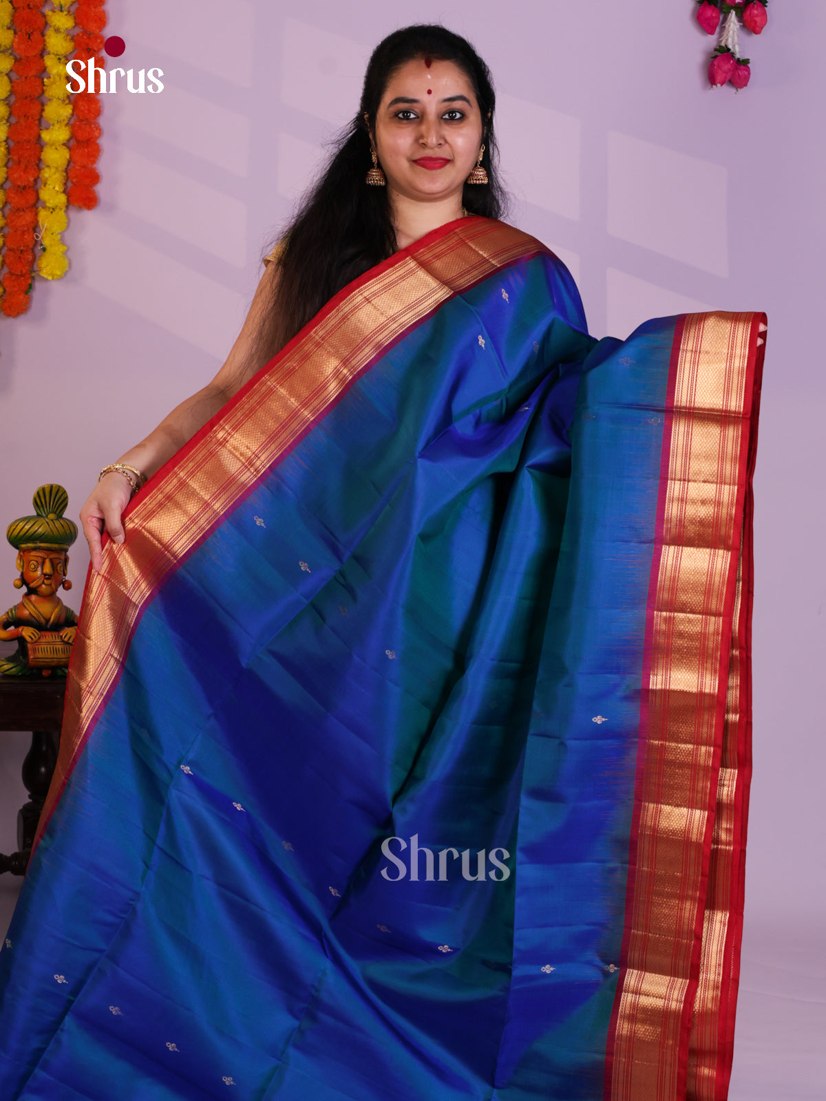 Buy Vibrant Blue Pure Soft Silk Saree with Small Floral Buttas, Traditional Red Zari Border & Brocade Pallu