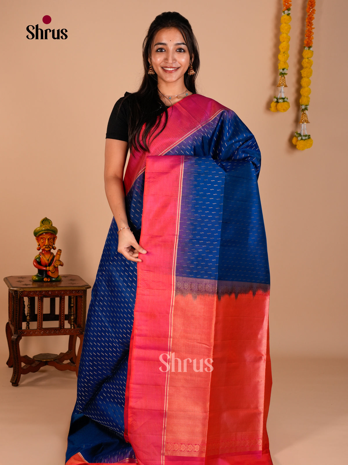 Buy Adorable Blue Soft Silk Saree with Gold Stripes Buttas, Orangish Pink Border & Brocade Pallu