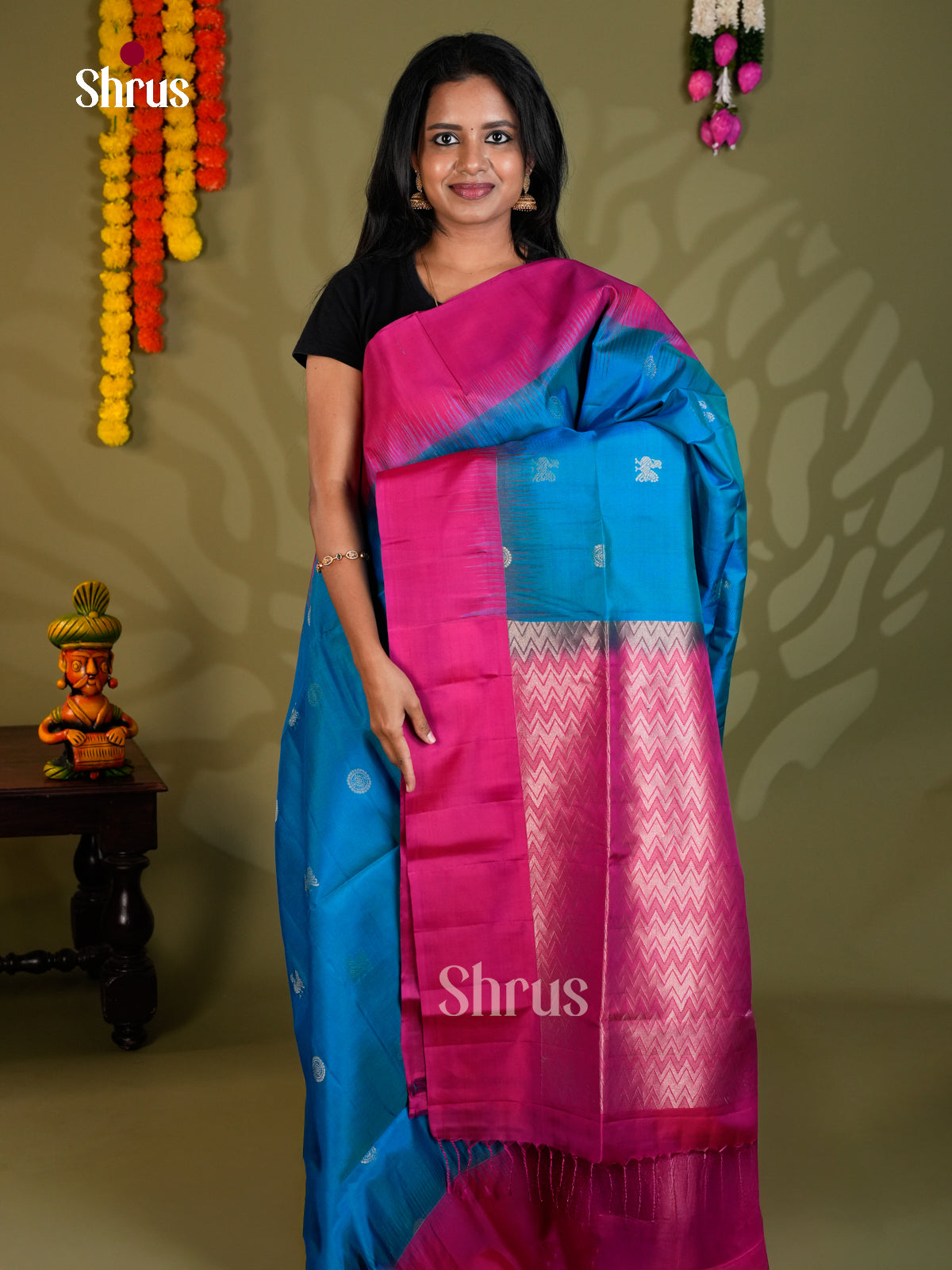 Buy Vibrant Blue Soft Silk Saree with Gold Zari Buttas & Pink Wavy Brocade Pallu
