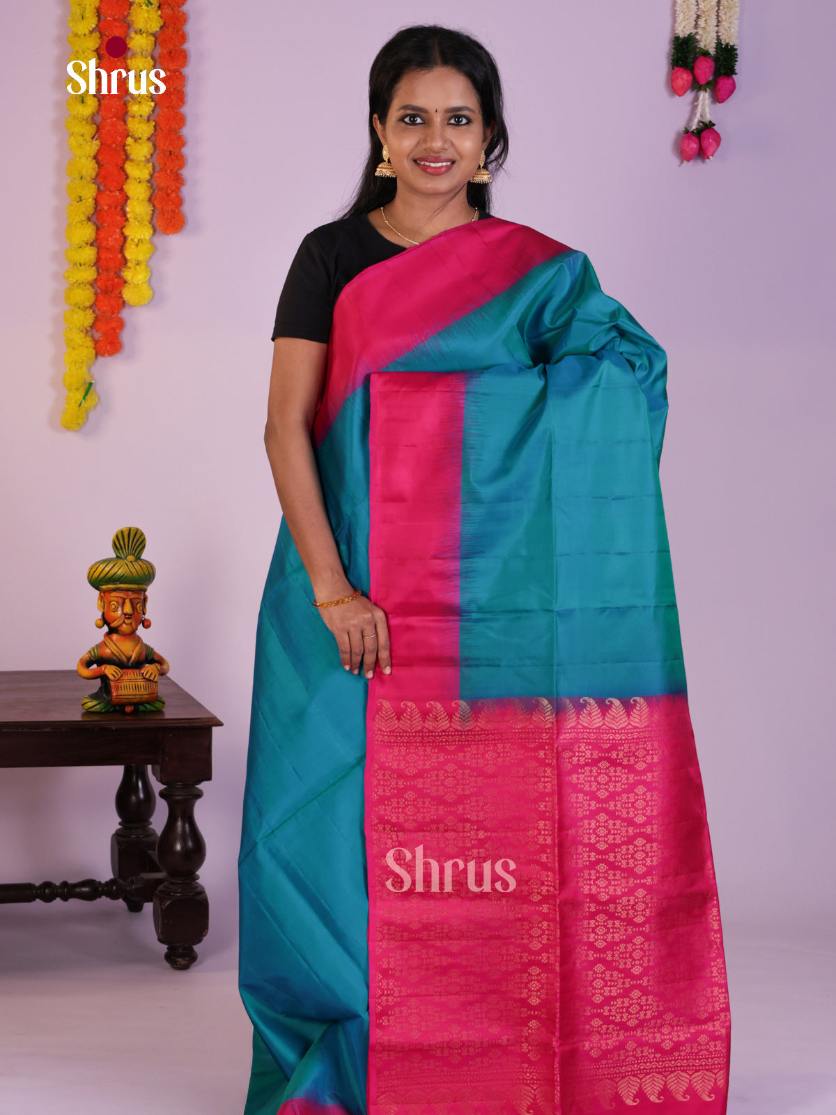 Buy Vibrant Blue Soft Silk Saree with Plain Body, Pink Border & Brocade Pallu