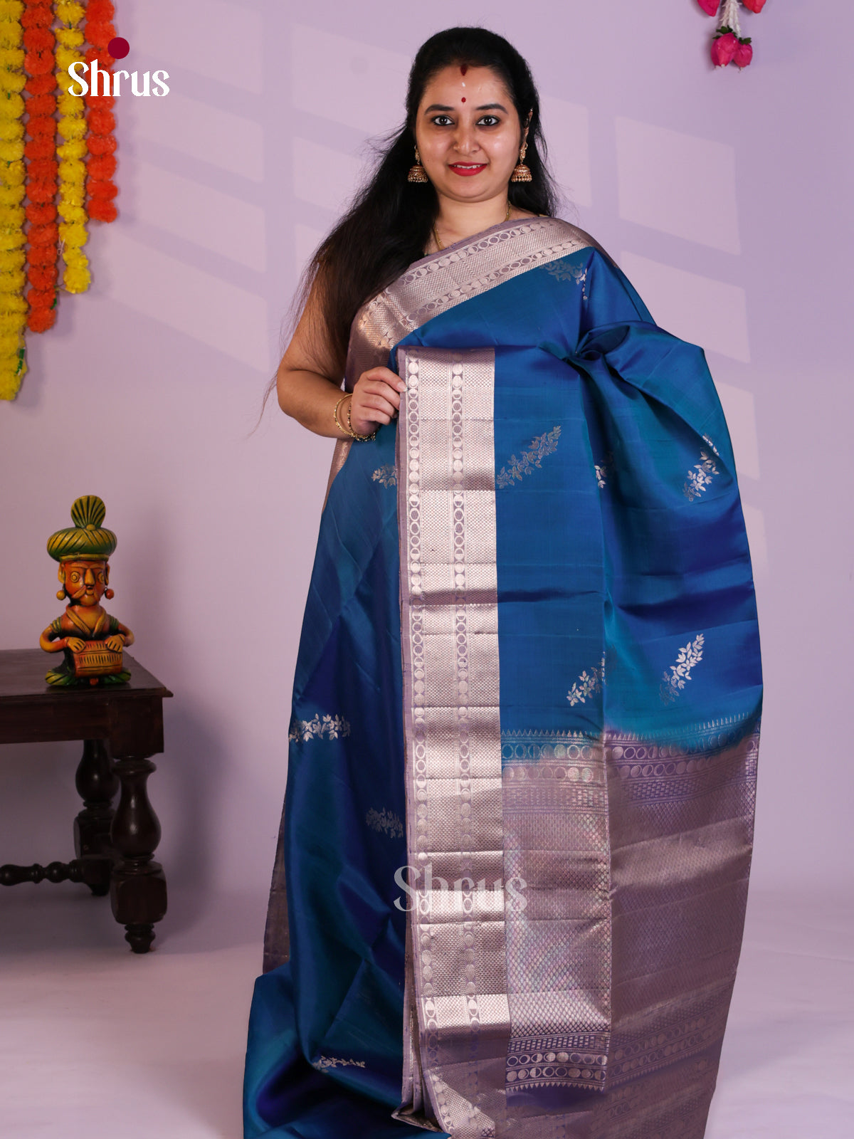 Buy Vibrant Blue Soft Silk Saree with Silver Zari Floral Sprays & Lavender Brocade Pallu