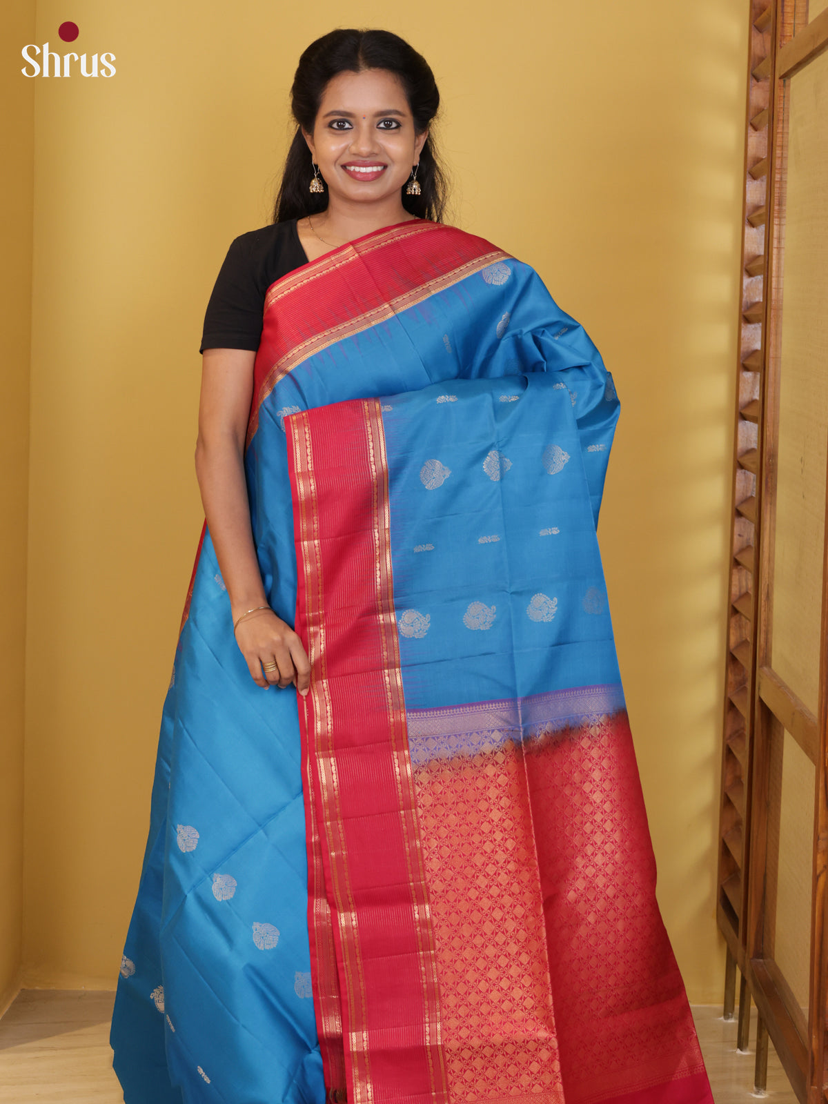 Buy Lustrous Blue Soft Silk Saree with Zari Floral Motifs, Red Rettapet Border & Brocade Pallu