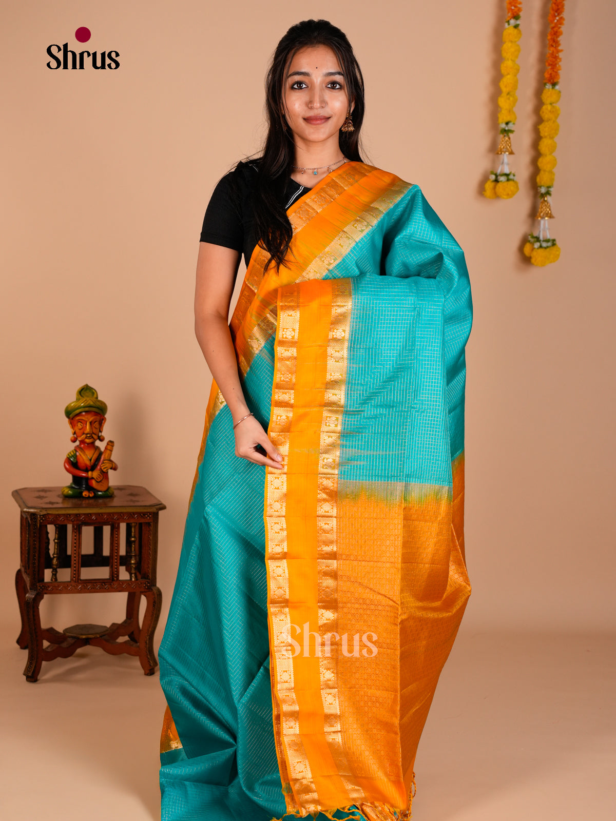 Buy Celestial Blue Soft Silk Saree with Zari Kattams & Mustard Rettaipet Border