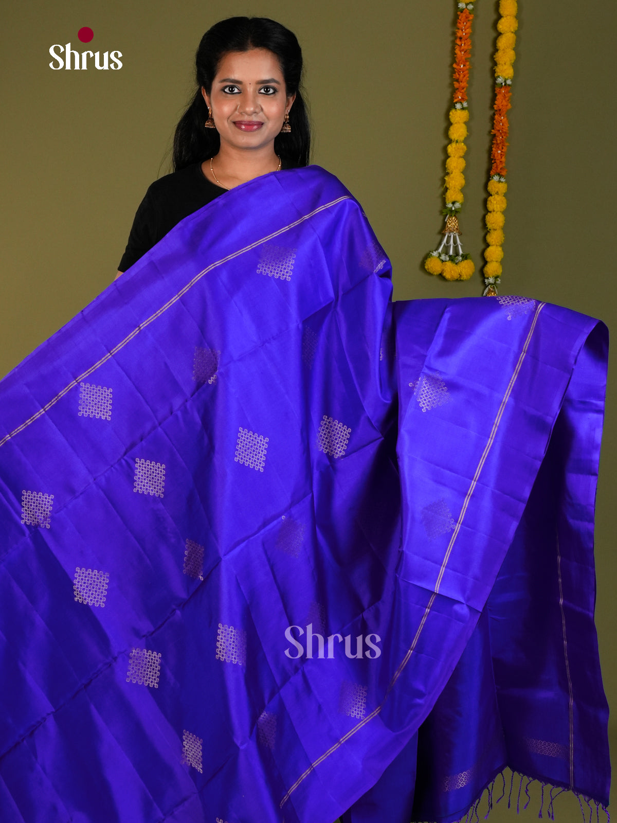 Buy Vibrant Blue Soft Silk Sarees with Zari Kolam Motifs, Plain Border & Brocade Pallu