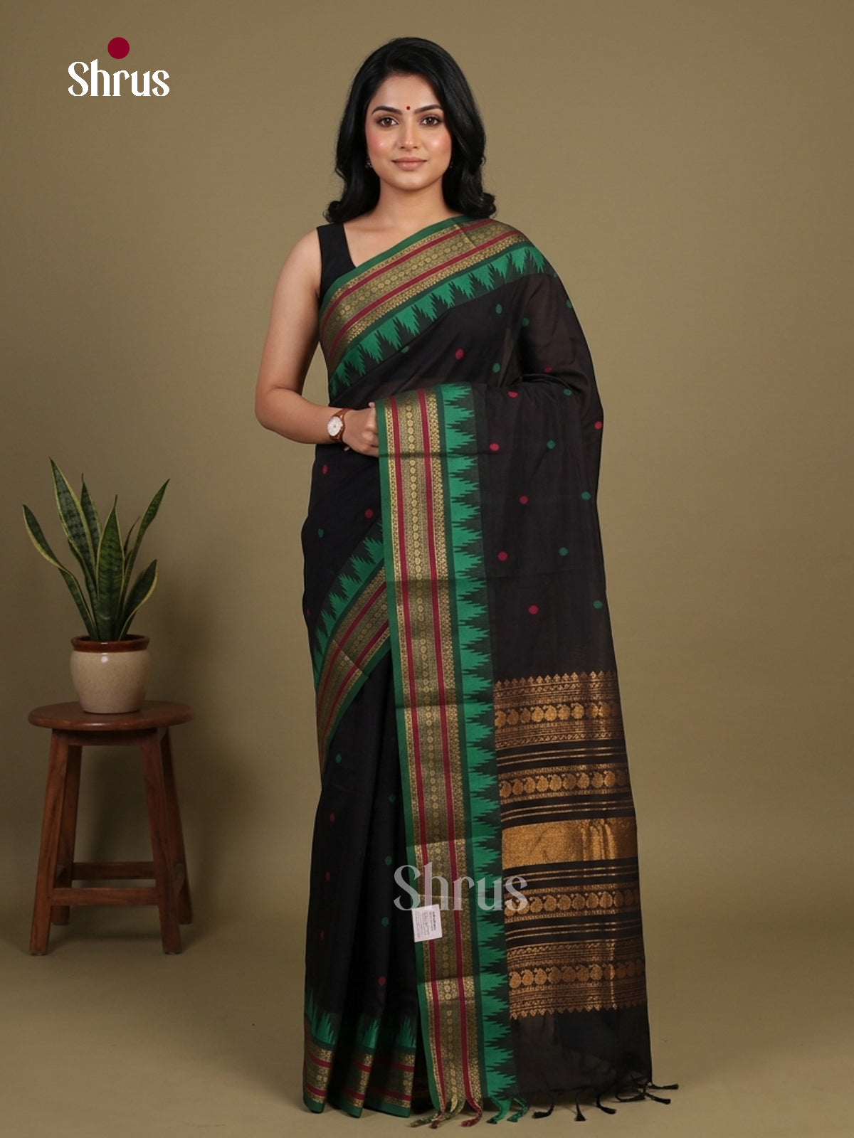Bold Black Chettinad Cotton Saree With Thread Buttas & Sea Green Temple Zari Border