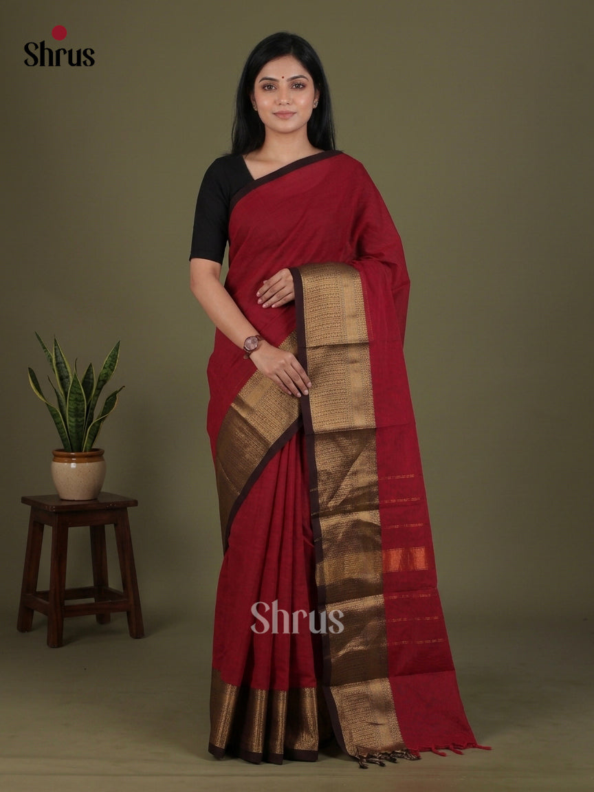 Bold Maroon Chettinad Cotton Saree With Plain Body, Brown Zari Border & Chit Pallu