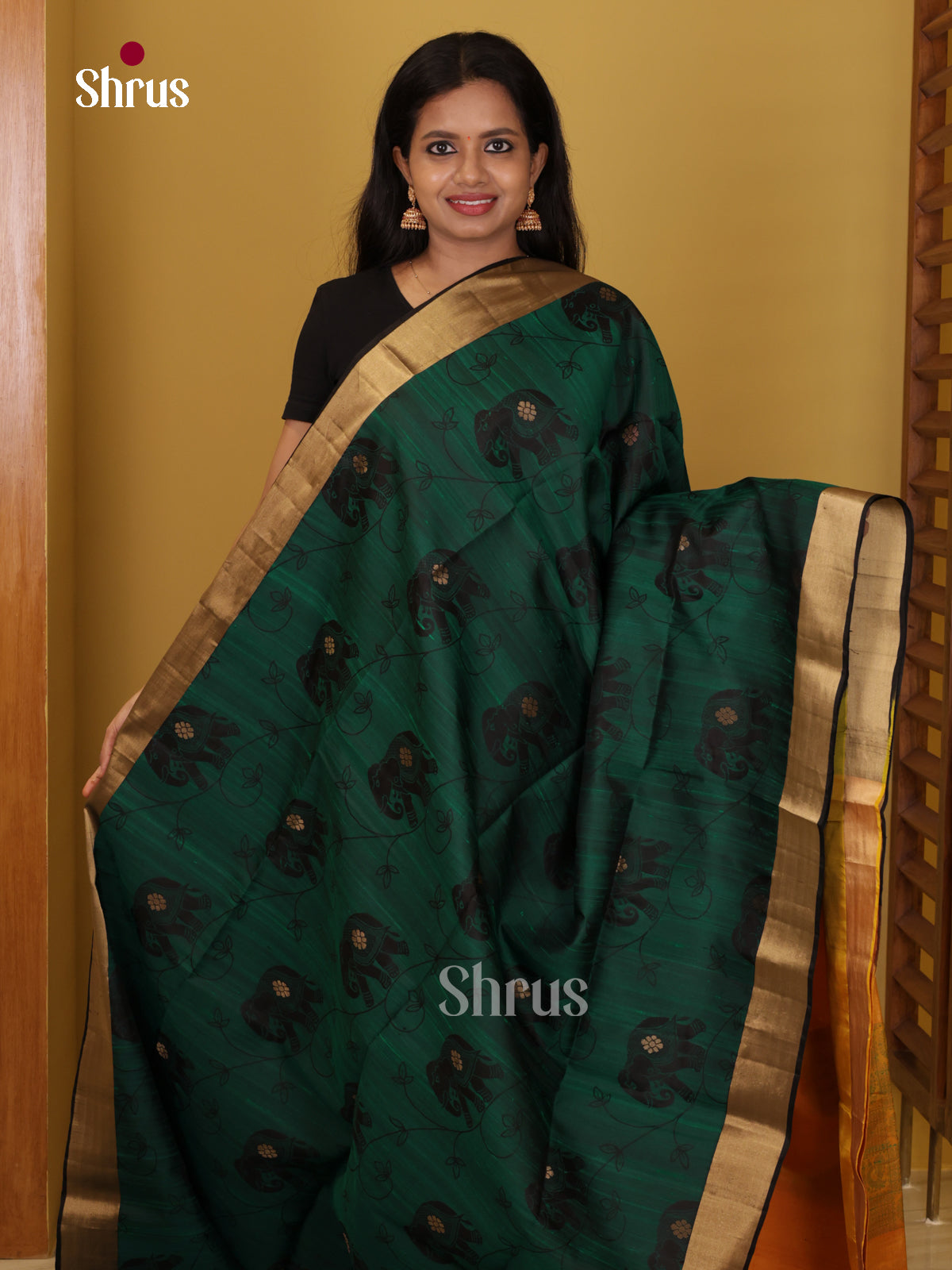 Buy Striking Bottle Green Pure Soft Silk Saree With Elephant Motif Prints & Mustard Brocade Pallu