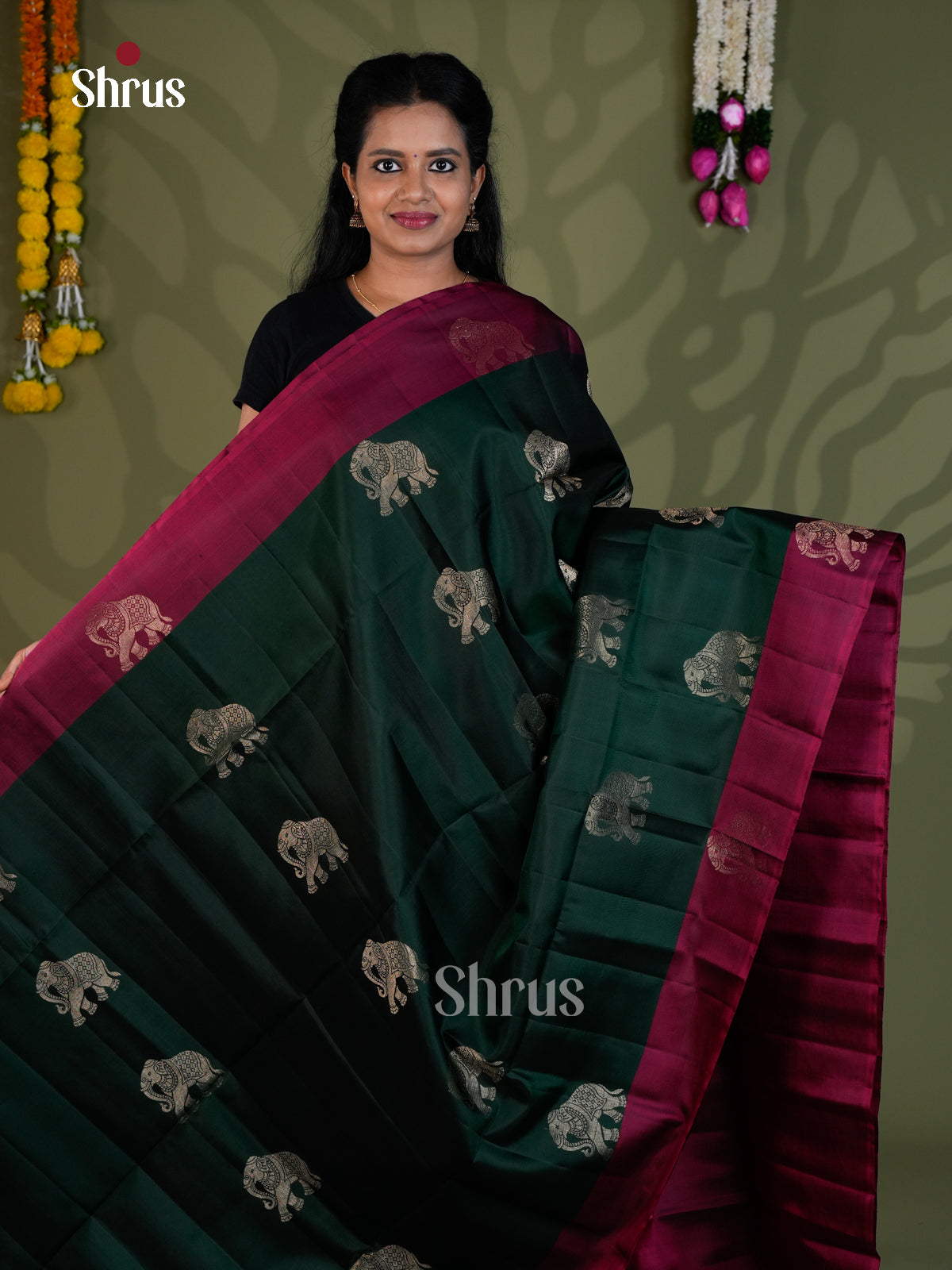 Buy Timeless Bottle Green Silk Saree With Silver Elephant Motifs & Wine Brocade pallu