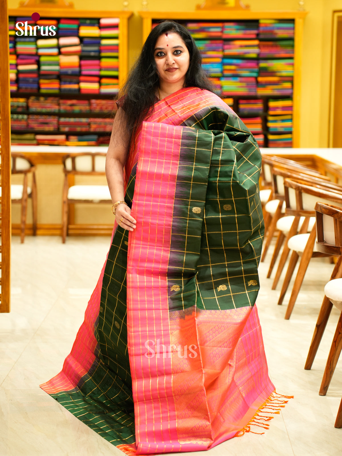 Buy Chic Bottle Green Soft Silk Saree With Zari Grids & Buttas, Pink Striped Border & Brocade Pallu