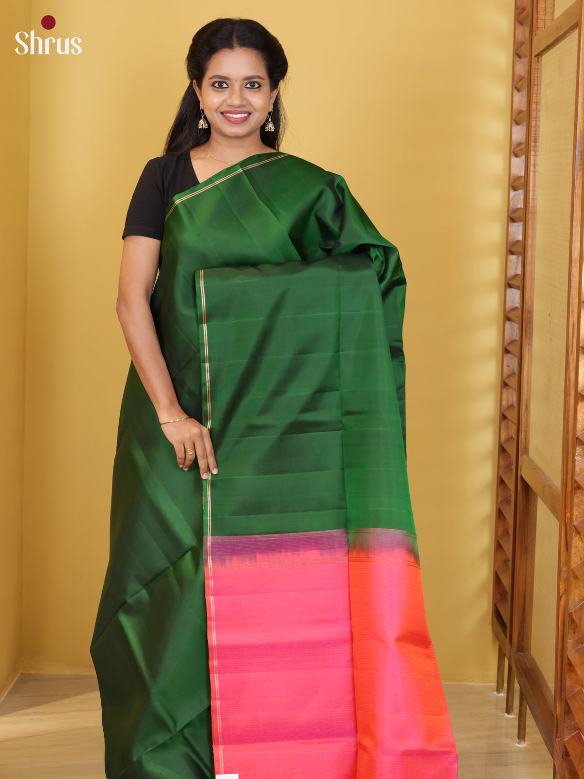 Buy Classy Bottle Green Soft Silk Saree with Plain Body & Orangish Pink Striped Pallu