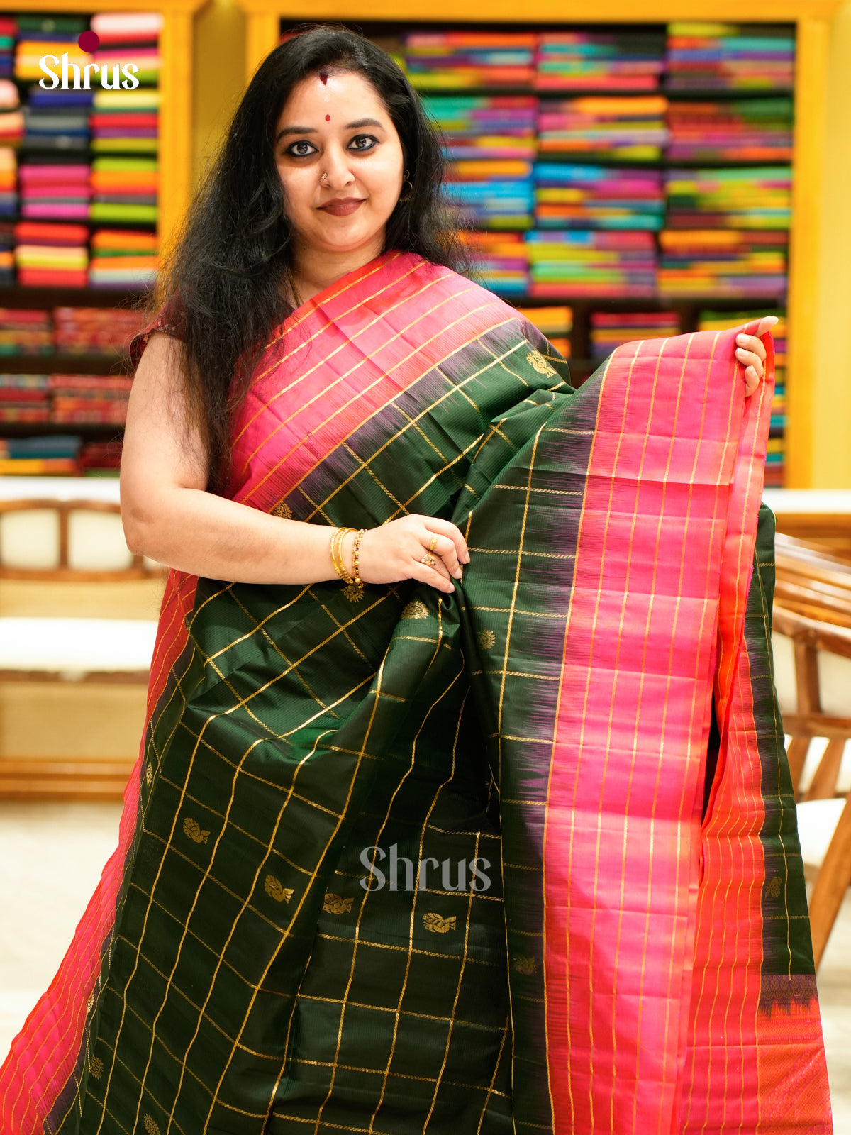Buy Chic Bottle Green Soft Silk Sarees With Zari Grids & Buttas, Pink Striped Border & Brocade Pallu