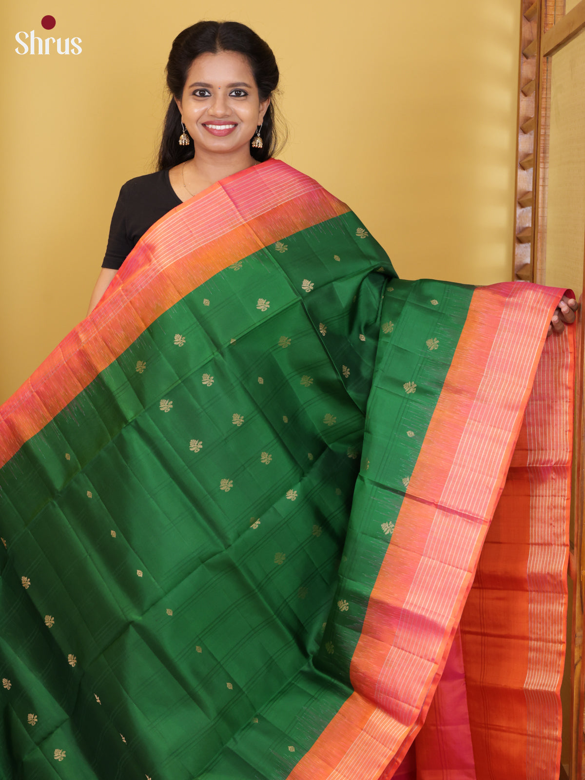Buy Classy Bottle Green Soft Silk Sarees with Floral Buttas, Orangish Pink Striped Border & Brocade Pallu